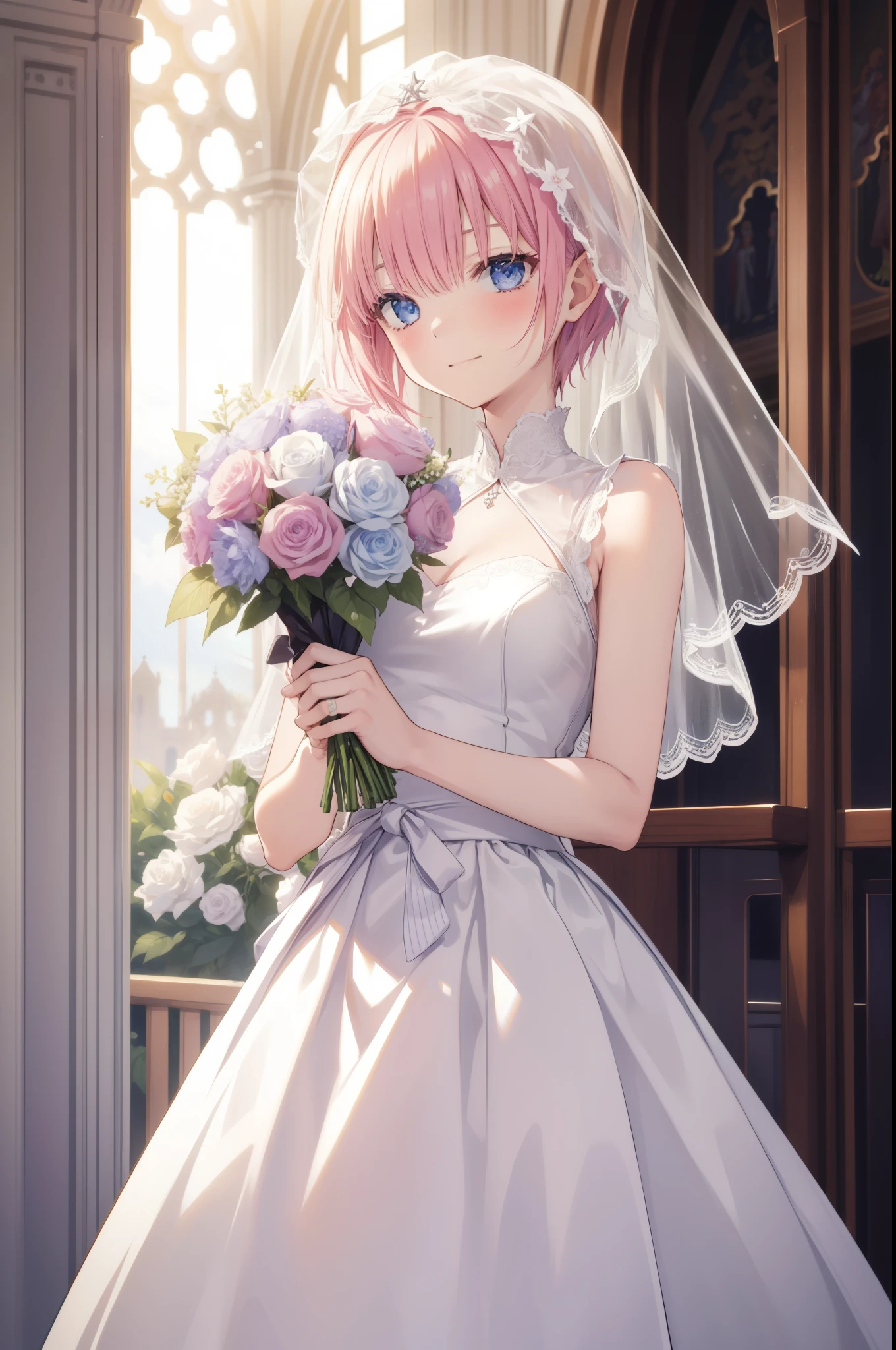 masterpiece, highest quality, High resolution, 1人のgirl, girl, masterpiece、highest quality、masterpiece, highest quality, high again, , 1girl, alone, hair flower, wedding d again ss, Holding a bouquet of flowers in your hands, Chacha, small breasts, smile, church, bridal veil, Nakano ichika, nakano ichika, pink hair, short hair,