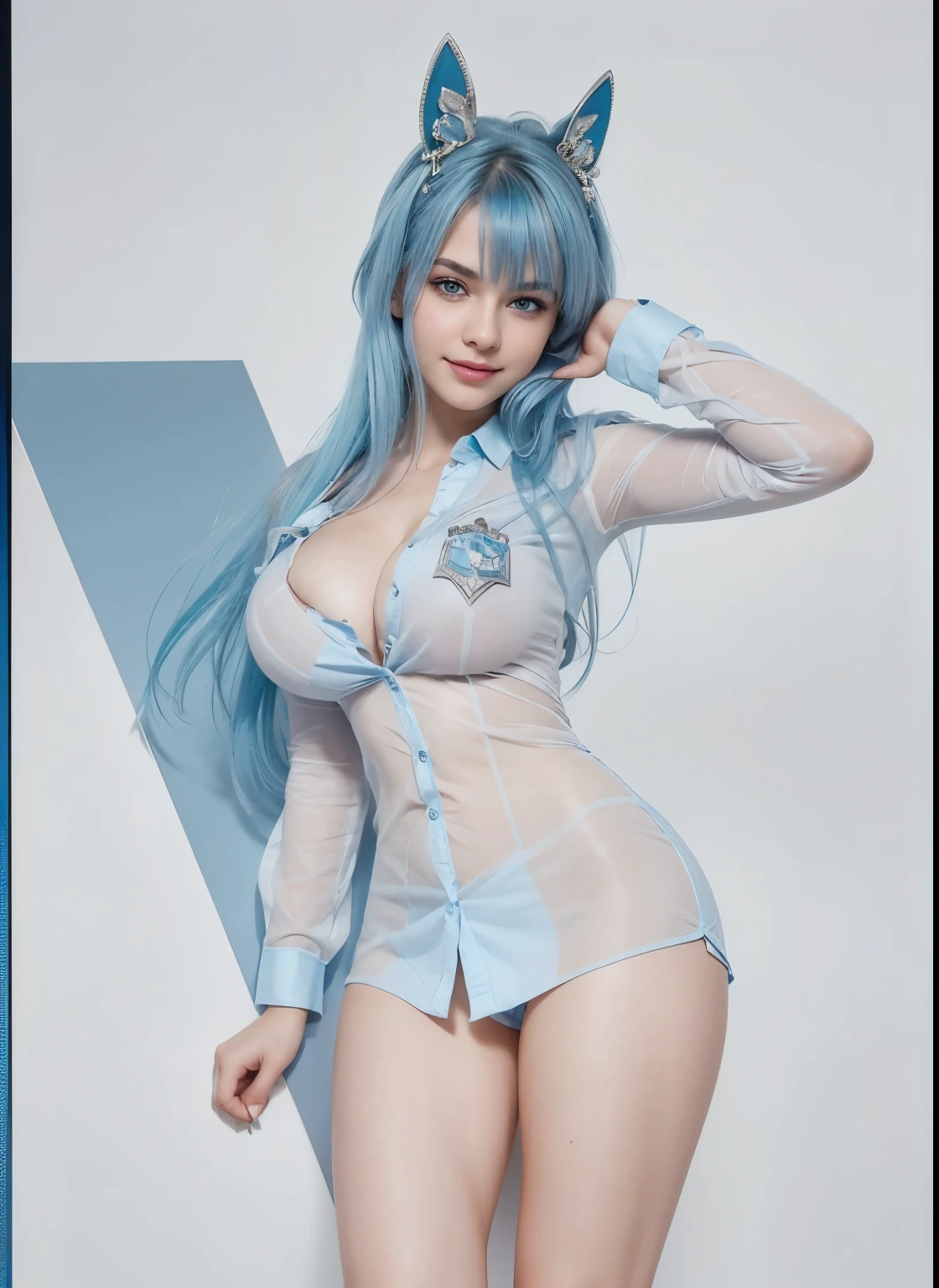 UHD, RAW photography, Masterpiece, textured skin, super detailed, high quality, award wining, best quality cinematic lighting, 1girl, ((light smile)), light blue hair, hair ornament, ((blue-eyed woman)), highly detailed glossy eyes, ((shirt, cleavage)), portrait photo of a 20-year-old girl, big breasts, (looking at the camera) specular lighting, ultra quality, film grain, Fujifilm XT3, crystal clear, cute face, sharp focus, detailed skin pores, beautiful poses, ((standing)), (perfect legs), no reflection