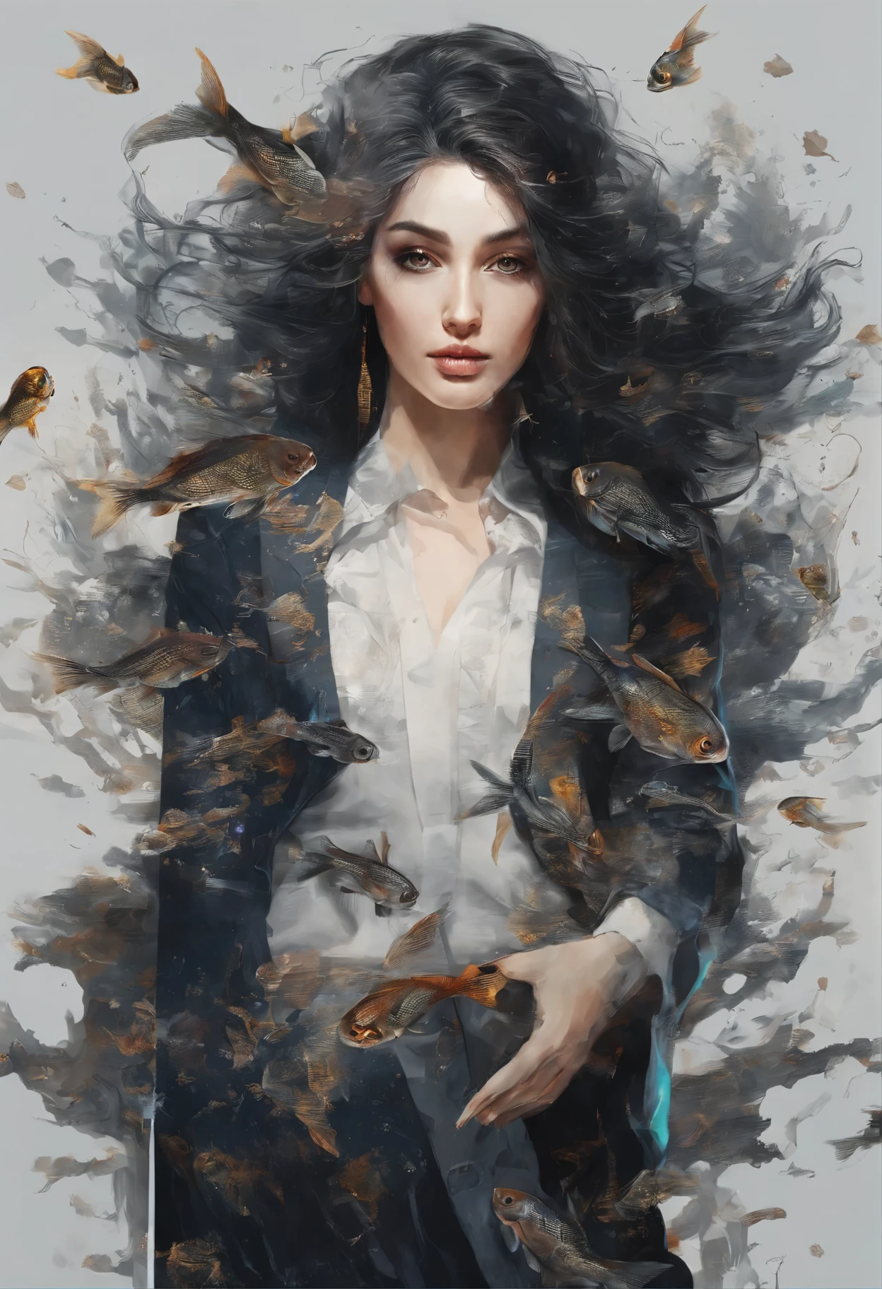 Perfect centering, Fantastic black goldfish, cheerfulness, Standing position, Abstract beauty, Centered, Looking at the camera, Facing the camera, Approaching perfection, Dynamic, Highly detailed, Smooth, Sharp Focus, 8K, hight resolution, Illustration, art by carne griffiths and wadim kashin, Goldfish characters