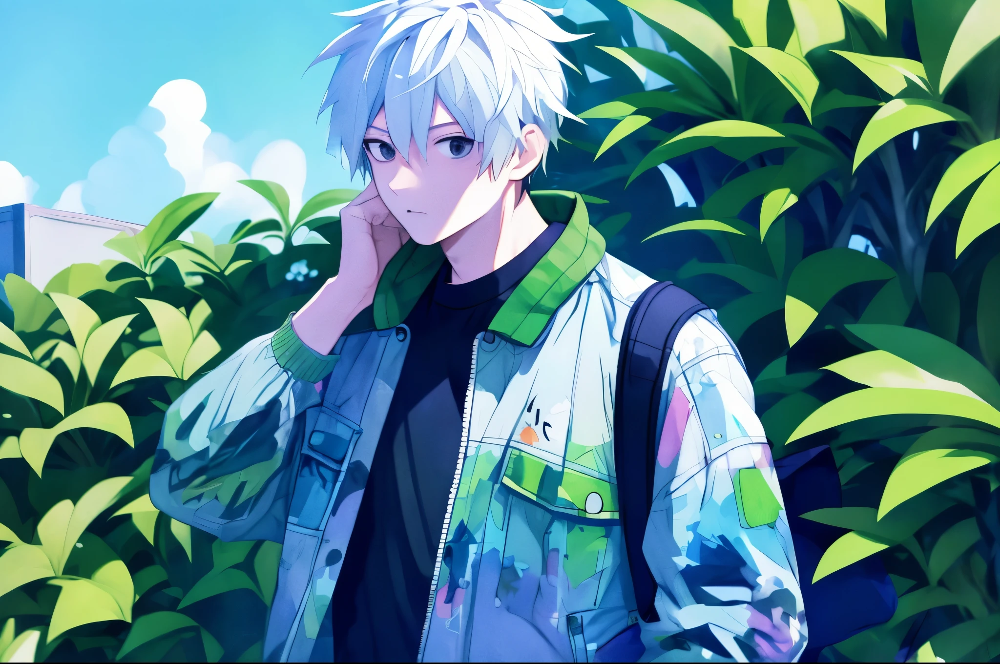 1boy,outdoors,summer, a man with a jacket on and a jacket on and a jacket on his shoulder and a jacket on his shoulder and a jacket on his shoulder, (a manga drawing:0.283)(male_focus:0.970),(1boy:0.958), (solo:0.883), (black_eyes:0.847), (short_hair:0.762), (jacket:0.705), (face:0.692), (plant:0.656)