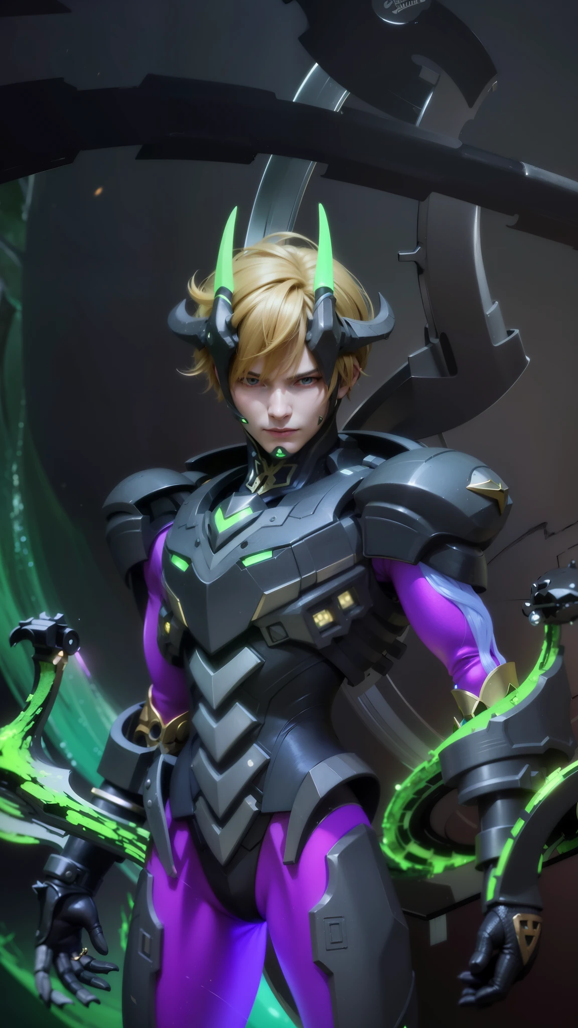 masculine male, masterpiece, ((perfect eyes)) best quality, (semirealism:1.9), beautiful lighting, (extremely detailed CG unity 4k fhd wallpaper), High Detail, Sharp focus, dramatic outdoors, 1 boy ,19 years old, brown short hair, blue eyes, smile, Masterpiece, ultra HD, detailed all picture, a close up of a devil, dyrroth from mobile legend, evil, extremely detailed artgerm, mobile legends character, inspired by Dyrroth, Six pack chest and abs, yellow jewel above the chest.