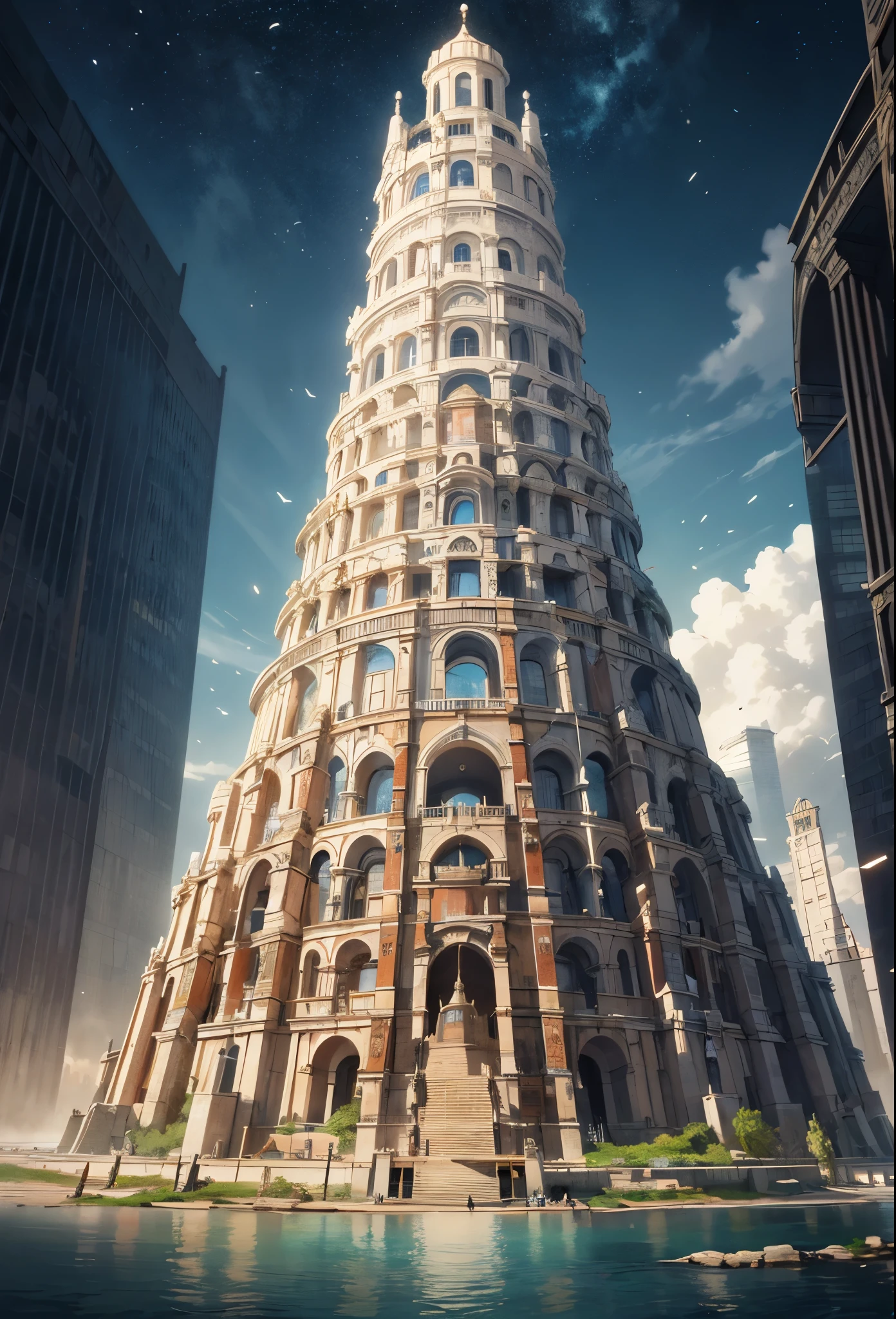 architecture,masterpiece, concept art, Wide-angle lens, panoramic,civilization,babel,Tower of Babel reaching into the sky(Ancient Babylon Culture), fantasy theme, 古代巴比伦civilization, Tower of Babel on the floating island,Volumetric lighting, global illumination, HD