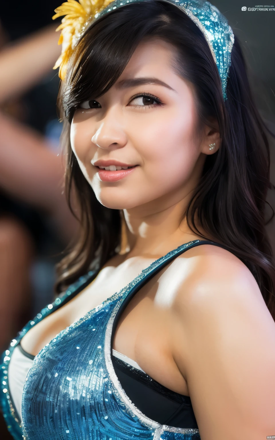 Highly detailed CG Unity 8k wallpaper, of the highest quality, super detailed, masutepiece, Realistic, photos realistic, extremely detailed girl, 25 years old, Large breasts , cleavage  , (Samba Carnival Dancer, Samba Carnival Wear:1.2) ,  
, Round eyes, viewer , Parted lips,  Smile , Half body shot, (bed , sitting) ,  (Armpit)