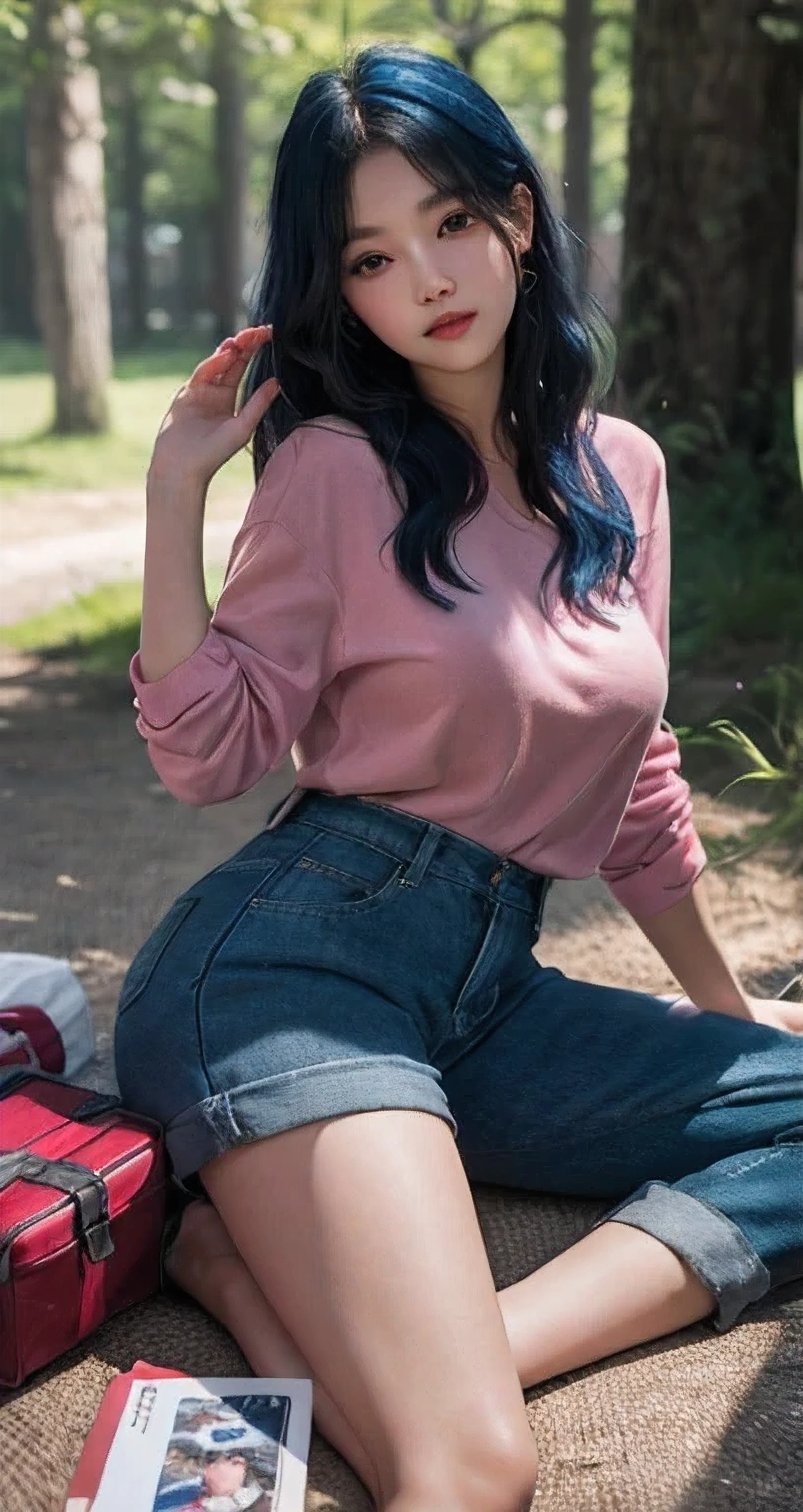 Best Quality Detail:1.2,  realisitic, 8K UHD, hight resolution, 1girl in:1.2, The ultra-detailliert, High quality textures, intricate detailes, detaileds, Very detailed CG, High quality shadows, Detail Beautiful delicate face, Detail Beautiful delicate eyes, depth of fields, Ray traching, masterpiece, best quality,ulzzang -6500-v1.1:0.6, pureerosface_v1,  Pretty Kpop Girl, Korean Urzan Face:1.1, milf, 28 year old woman,long neon dark blue hair,shiny_skin,thin_waist,huge breasts, pink shirt and long cargo pants,socks,nike shoes, night, 4K 8K UHD Full Color RAW Photos, Fuji Film(Medium format:1.2), Hasselblad:1.2, Carl zeiss:1.1, Incredible dynamic range photography(UTIL_Art by Smoose-768:1.1), hight resolution, High pixel count, clear details, crisp image, Natural color reproduction, Noise Reduction, High fidelity, qulity, Software Improvements, Upscaling, Optimized algorithms, Pro-level retouching,crowd:1.1,depth of field,looking at viewer,random pose at the summer forest picnic ,random pose, summer forest picnic,