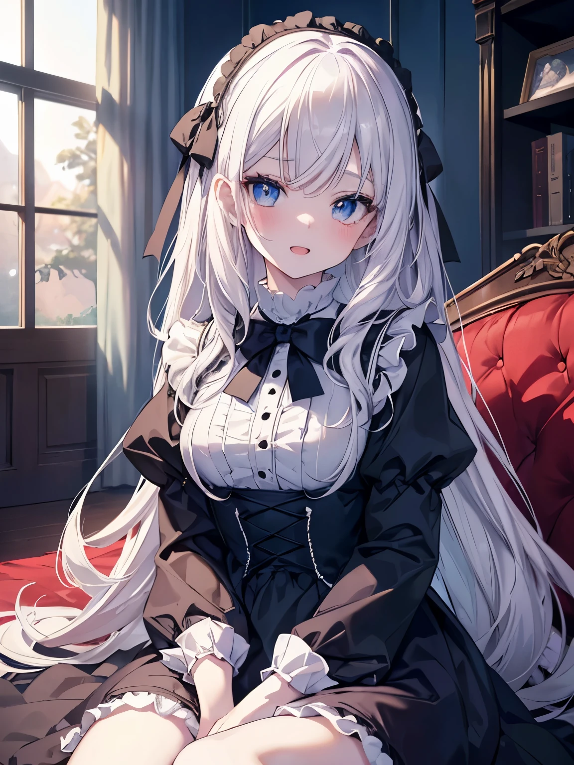 masutepiece, Highest Quality, (Perfect face:1.1), (high detailing:1.1), (ultradetailed eyes), Dramatic, superfine illustration, Extremely detailed, 1girl in, teenager,(pale skin), long white hair, Ethereal eyes, Blue eyes,blush,Solo,Smile, Happy, Laugh, Enjoy, Open mouth, Pouty lips,Cinematic lighting,upper body,looking up,Long sleeve, Gothic lolita, frilld, bow ribbon,knee high socks,indoor,living room,night,leaning forward,hand between legs