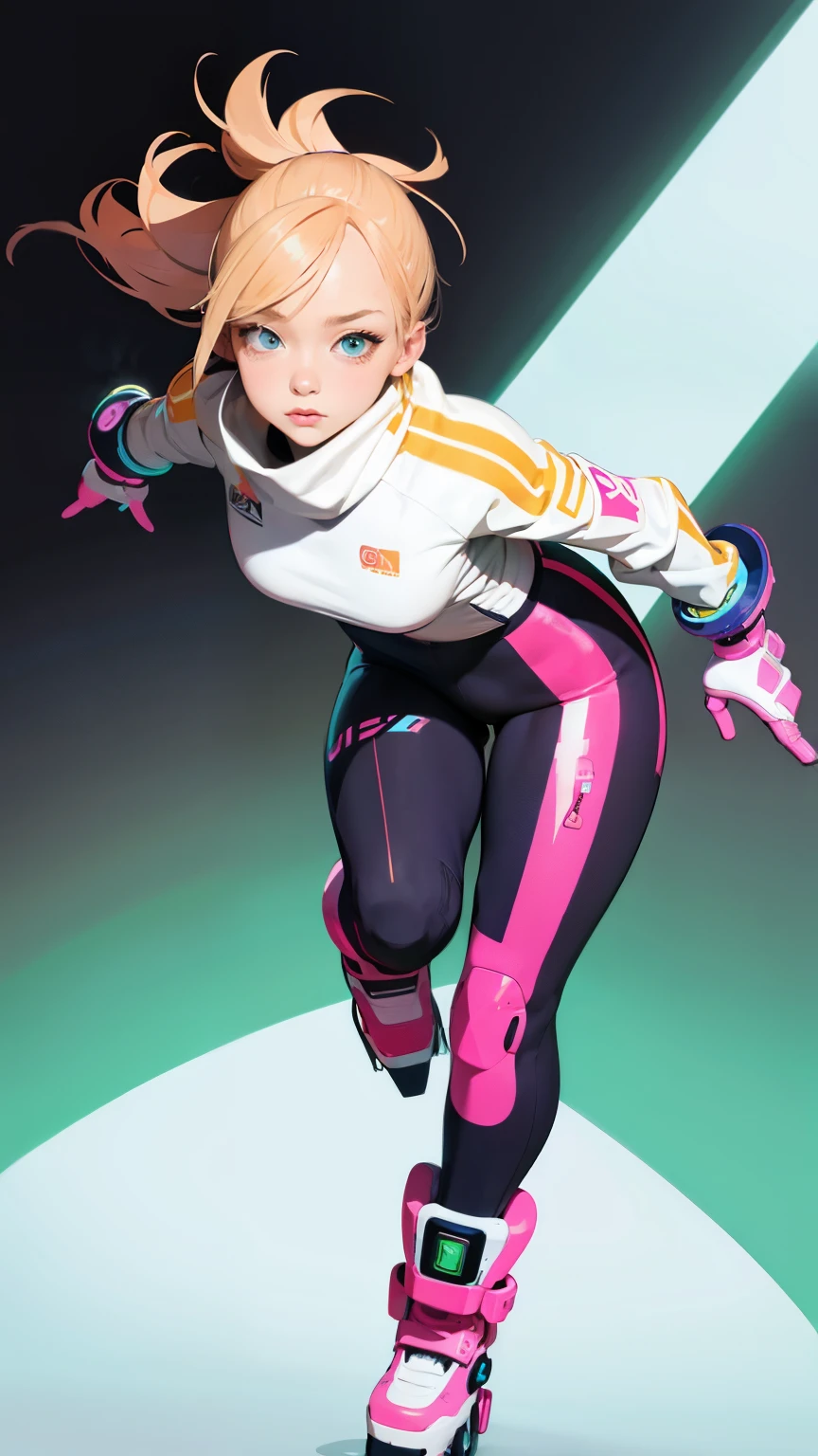 (ultra detailed,ultra high res,detailed background),((2D)),((flat color)),((muted color)),((floating neon)),1girl,solo,looking at viewer, BREAK, spray paint, graffiti, girl in a white fencing suit, long plush scarf, full body image, adult woman, anatomically perfect face, face in focus, symmetrical face, rollerskates, robot arms