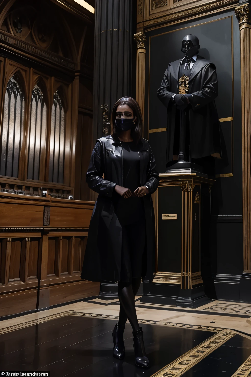 a beautiful dark tanned French woman with dark brown hair, dressed as an PM in parliament, speaking on the prime ministers podium in the houses of parliament, covered in black paint, with black paint dropping on her head and black paint all over the floor and black paint all over the walls