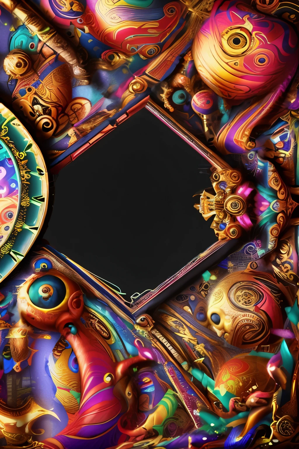 a close up of a colorful picture frame with a clock, ornate gilded cosmic machine, dmt background, abstract 3 d artwork, elaborate digital art, surreal psychedelic design, carnival background, gold black and rainbow colors, psychedelic background, festival of rich colors, dmt colors, abstract fractal automaton, colorful sci-fi steampunk, fractal frame, abstract high quality