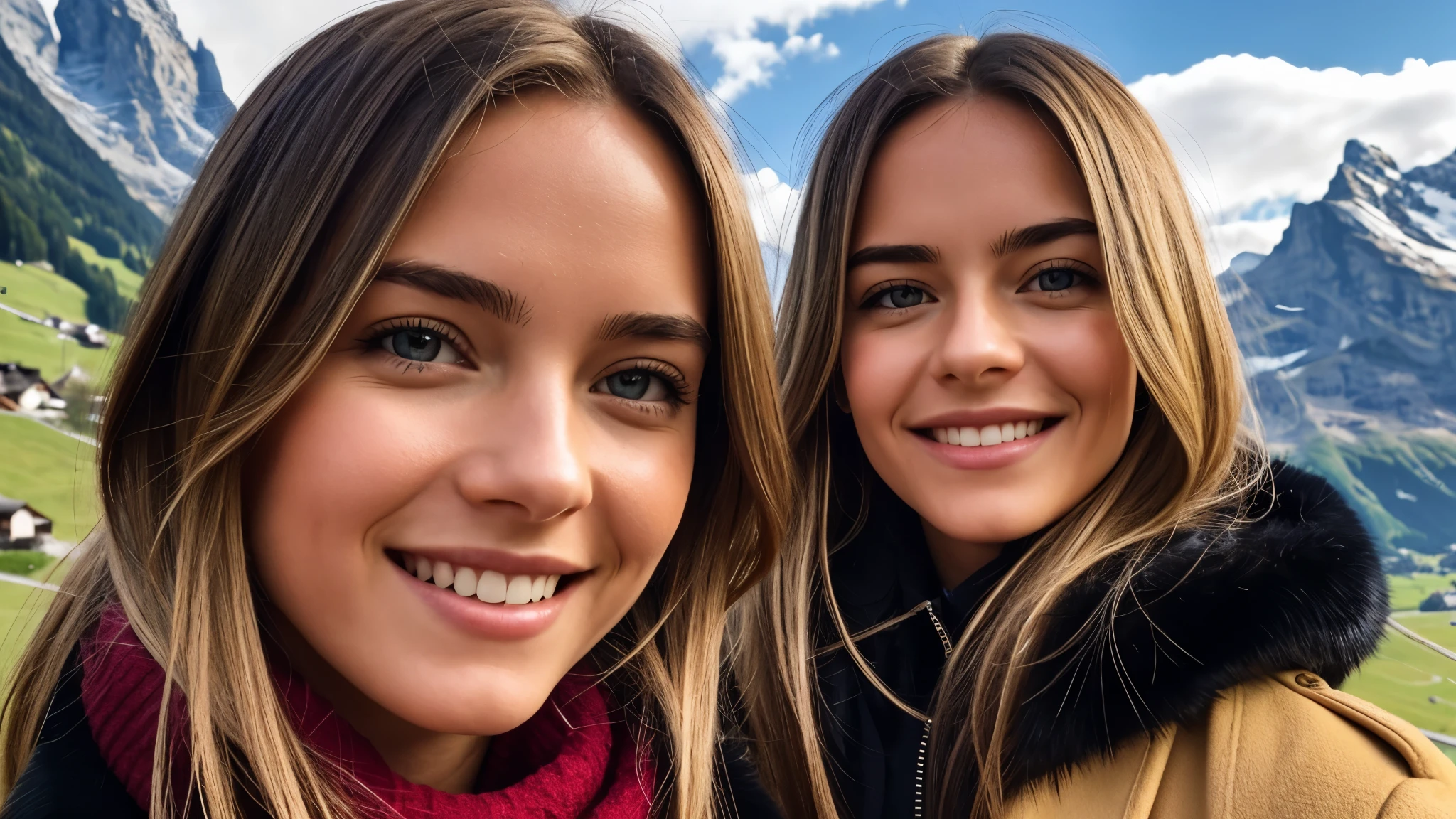 Instagram pictures, 1 French girl, Shoulder length hair, Has light blonde hair, Close-up photo, coat, The background is the village of Grindelwald....., Switzerland, smile a little,