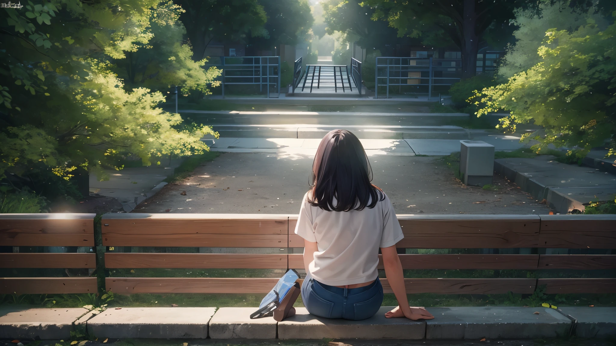 A park in an urban gap. An Asian woman dressed casually in a white T-shirt and boyish jeans sits, cinematic lighting, ray tracing, depth of field, vanishing point, atmospheric perspective, Hasselblad, from behind, UHD, retina, masterpiece, anatomically correct, ccurate, textured skin, super detail, high quality, best quality, highres, award winning, 16k, 8k