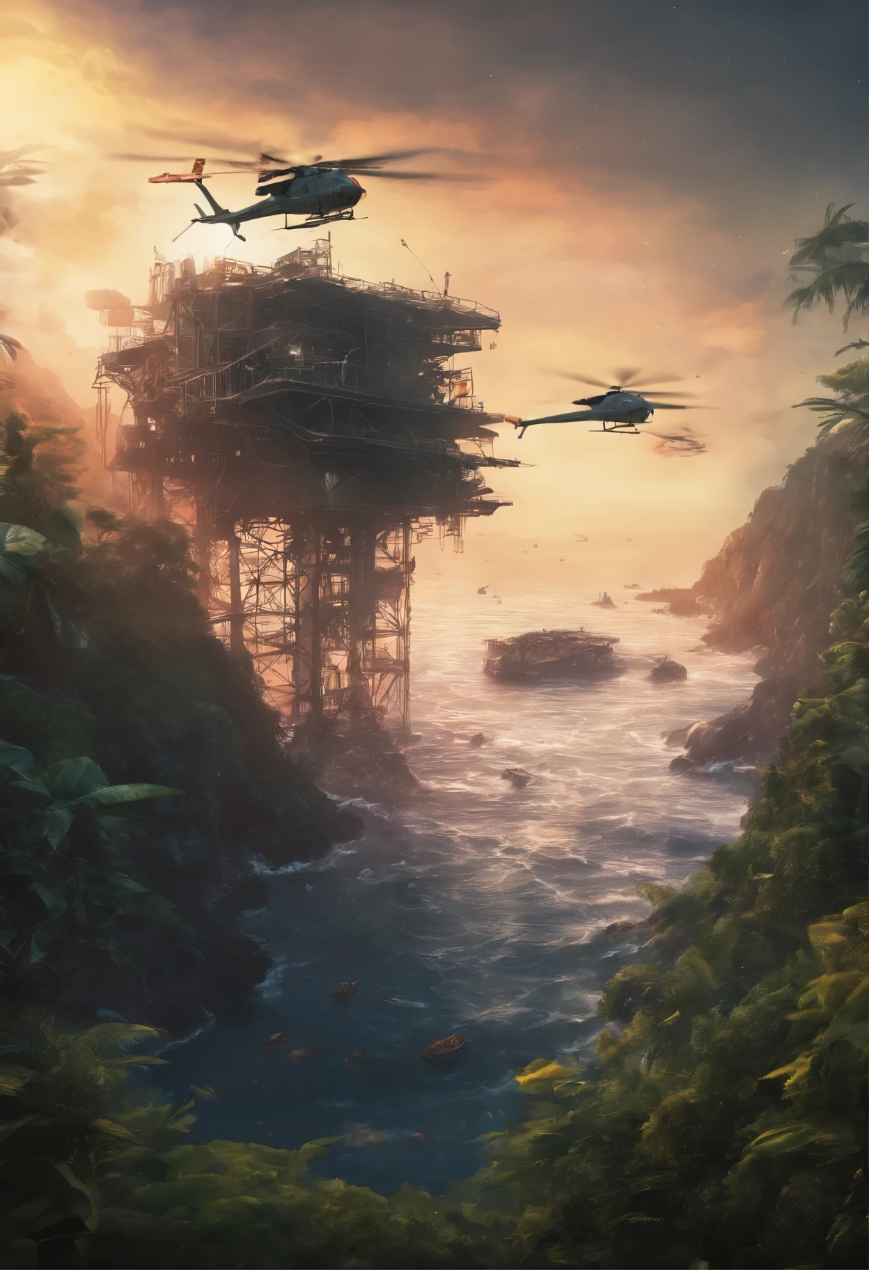 (Best quality at best,4k,8k,tmasterpiece:1.2),ultra-detailed, Develop an authentic and impactful visual representation of an abandoned oil platform viewed from above, emerging from a dense shadowy forest, where lush and wild vegetation surrounds the metal structure. Integrate human elements dressed in safety suits, struggling to climb the platform, accurately capturing the mysterious and challenging atmosphere of this unique environment. Ensure the composition conveys the inhospitable nature of the location, having two helicopters flying behind the scene over the ocean in a sunset time, highlighting the interplay between resilient nature and human attempts to explore or recover the structure amid adverse conditions.