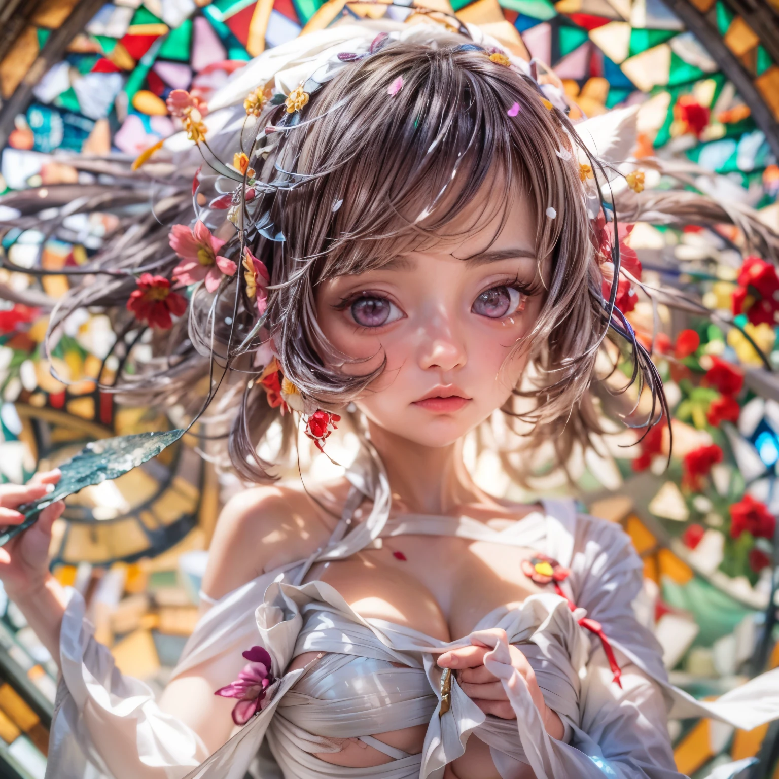 KAWAII girl in ((WHITE)) off shoulder, with Glossy RED lips, (Exposed:0.7), (nipple:-1), { Extremely closeup | Dynamic-angle }, ((Dazzling stained glass Background)), (( colorful Light pours down from stunning elaborate stained glass:1.2)), vivid Red colors . ((Acutance:0.8, physically-based 3D rendering with Volumetric lighting)), (masterpiece:1.2) of professional Analog photo with Hasselblad open aperture, (8K, ultra-detailed:1.35), (realistic, photorealistic, ((photo-realistic:1.37))with touch of rawness) . ((Renbutsu Misako)), (Extremely detailed KAWAII face variations, with Dynamic expressions),  (detailed eyes with sparkling highlights), captivating gaze, long eyelashes, subtle blush on the face, rosy cheeks, impeccable ivory skin texture . { full of flowers covering and surrounding girl's body | Dancing petals | Mystic sight | God rays | haze | Light Particle | Luminous Particle | Lens Flare | A Halo in the air | Overflowing underboob | Button Undoned } . (((Large eyes:-1))) .