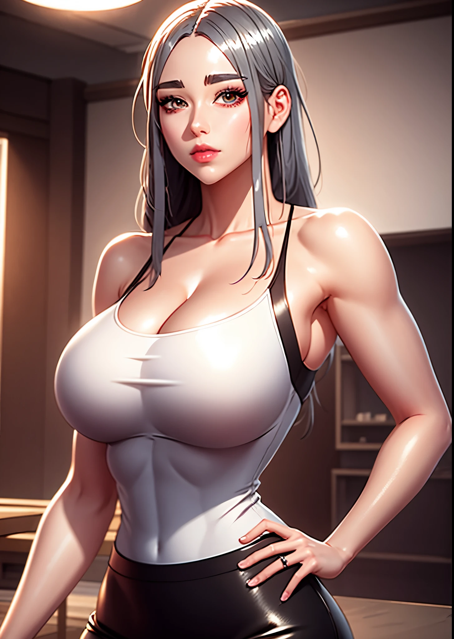 masterpiece:1.5, best quality:1.5, aesthetic, 1girl, sidelocks, cinematic lighting, sharp focus,large breasts , mature female, ,16k, glowing eyes, detailed 4k eyes, playground,seduction,sexy lips, parted lips,detailed lips, high detailed background, detailed face,shiny skin, breasts, sleeveless, looking at viewer, large breasts, holding, floral print skirt, bare shoulders, indoors,red sweater,hand on hip, seductive anime girl, smooth anime cg art, beautiful alluring anime woman, digital anime illustration, digital anime art, artgerm. anime illustration, detailed digital anime art, yumi, 1girl, solo, long hair, large breasts, grey hair, grey eyes