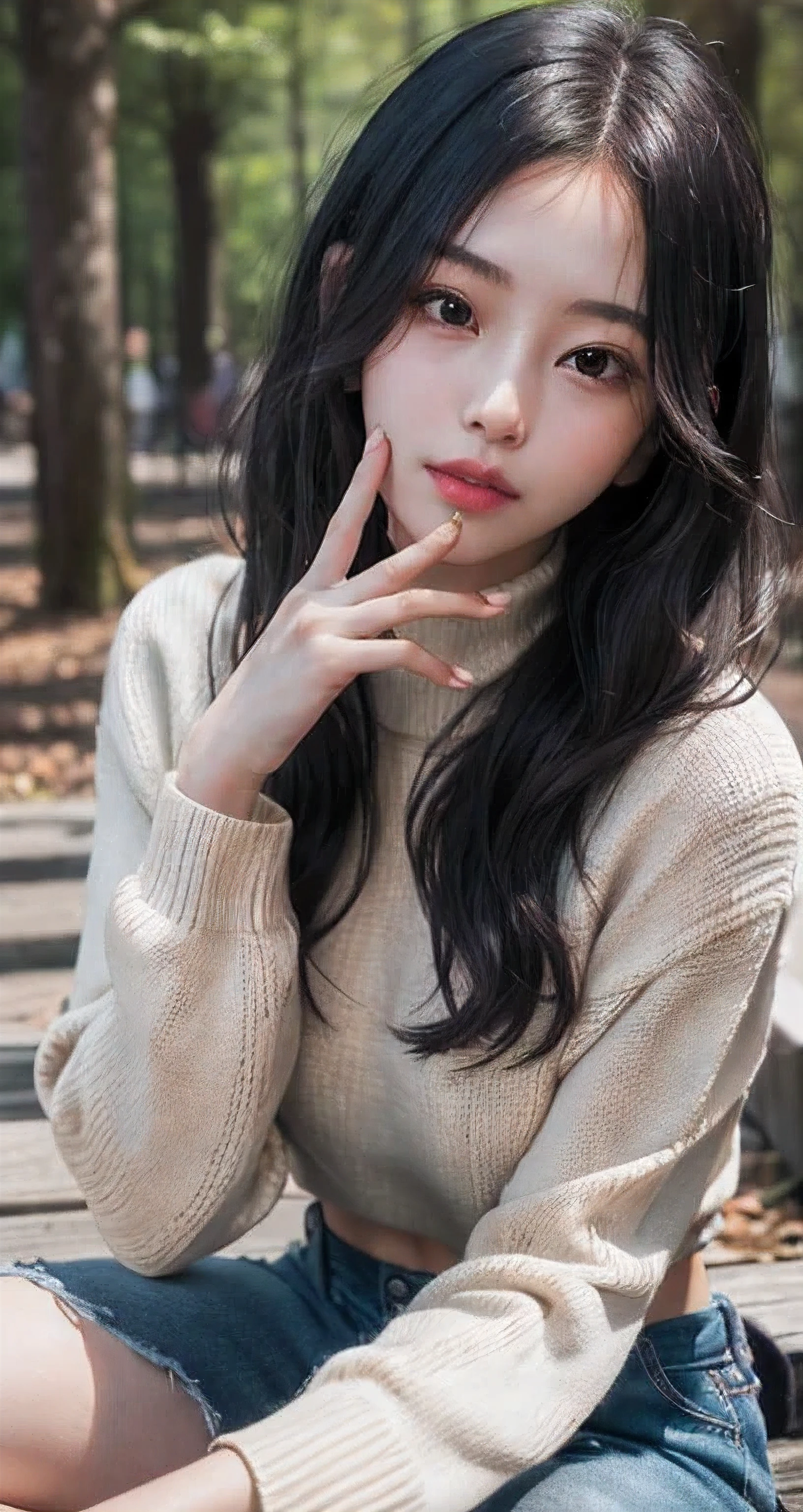 Best Quality Detail:1.2, realisitic, 8K UHD, hight resolution, 1girl in:1.2, The ultra-detailliert, High quality textures, intricate detailes, detaileds, Very detailed CG, High quality shadows, Detail Beautiful delicate face, Detail Beautiful delicate eyes, depth of fields, Ray traching, masterpiece, best quality,ulzzang -6500-v1.1:0.6, pureerosface_v1, Pretty Kpop Girl, Korean Urzan Face:1.1, milf, 28 year old woman,long neon dark blue hair,shiny_skin,thin_waist,huge breasts,wearing a green highneck long_sleeve knit sweater and cargo pants, night, 4K 8K UHD Full Color RAW Photos, Fuji Film(Medium format:1.2), Hasselblad:1.2, Carl zeiss:1.1, Incredible dynamic range photography(UTIL_Art by Smoose-768:1.1), hight resolution, High pixel count, clear details, crisp image, Natural color reproduction, Noise Reduction, High fidelity, qulity, Software Improvements, Upscaling, Optimized algorithms, Pro-level retouching,crowd:1.1,depth of field,looking at viewer,eating at a picnic,random pose sitting at the summer forest picnic ,random pose, picnic in the forest,