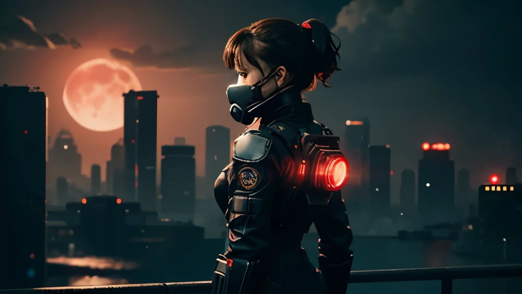 dark future city, top side view, best quality, picture for wallpapwer , 8k, ultra realistic, realistic, dark red clouds, dark red moon, red light light, 1 girl, small figure of lone girl short dark hair and in tight erotic cyber suit with gas respirator stand in the right side of picture, city view, girl wearing futuristic respirator on face, girl standing back to viewer