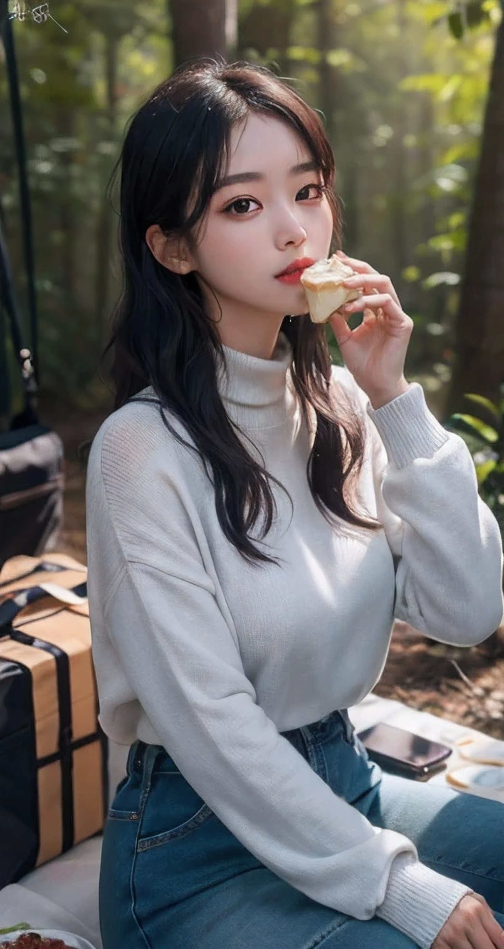 Best Quality Detail:1.2,  realisitic, 8K UHD, hight resolution, 1girl in:1.2, The ultra-detailliert, High quality textures, intricate detailes, detaileds, Very detailed CG, High quality shadows, Detail Beautiful delicate face, Detail Beautiful delicate eyes, depth of fields, Ray traching, masterpiece, best quality,ulzzang -6500-v1.1:0.6, pureerosface_v1,  Pretty Kpop Girl, Korean Urzan Face:1.1, milf, 28 year old woman,long neon dark blue hair,shiny_skin,thin_waist,huge breasts,wearing a green highneck long_sleeve knit sweater and cargo pants, night, 4K 8K UHD Full Color RAW Photos, Fuji Film(Medium format:1.2), Hasselblad:1.2, Carl zeiss:1.1, Incredible dynamic range photography(UTIL_Art by Smoose-768:1.1), hight resolution, High pixel count, clear details, crisp image, Natural color reproduction, Noise Reduction, High fidelity, qulity, Software Improvements, Upscaling, Optimized algorithms, Pro-level retouching,crowd:1.1,depth of field,looking at viewer,eating at a picnic,random pose sitting at the summer forest picnic ,random pose, picnic in the forest,