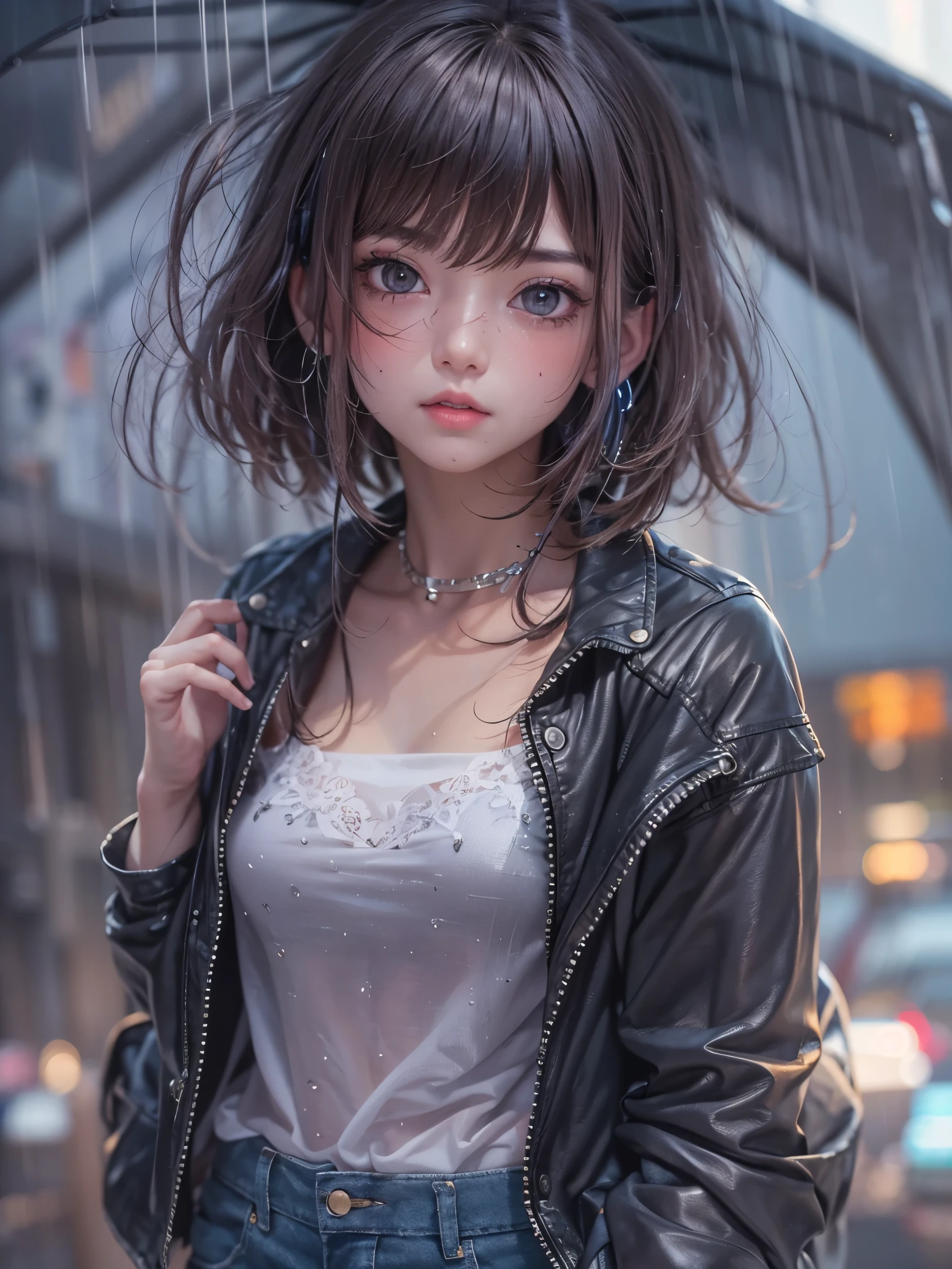 8K、master piece、highest quality、highest level、Highest image quality、muste piece、intricate details、high resolution、depth field、Natural light、professional lighting、(1 person)、solo、asian boyish girl、(cute:1.2)、very beautiful 18 year old cartoon girl、(high detail skin: 1.2)、Photorealistic anime girl rendering、Realistic anime 3D style、short bob cut、、beautiful light brown hair、強烈なblack eyes、strong eye highlights、very big breasts、perfect anatomy、(Torn and tattered damaged denim hot pants)、Wearing shorts、choker、hands behind the back、beautiful brown hair、short hair、crossed bangs、asymmetrical bangs、short bob cut、stick out ears、eyelashes、black eyes、crying and crying、(sophisticated headphones)、(Tattoo on the chest)、Body shiny with oil、Black leather jacket、(metallic bra)、Damaged blue short denim hot pants、it&#39;s raining、The body gets wet from the rain、Decadent and futuristic urban area in the evening、(cyberpunk city)、(Futuristic cars、flashing red light)、(Lightning is glowing)、(Flashing blue and purple neon tubes)、