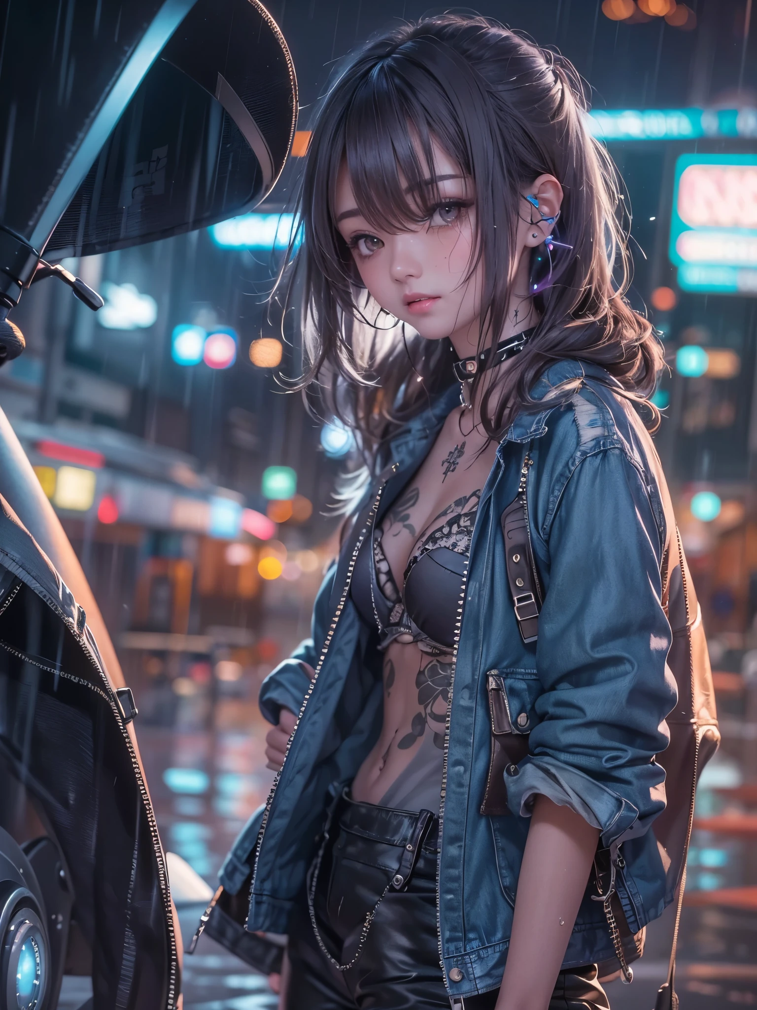 8K、master piece、highest quality、highest level、Highest image quality、muste piece、intricate details、high resolution、depth field、Natural light、professional lighting、(1 person)、solo、asian boyish girl、(cute:1.2)、very beautiful 18 year old cartoon girl、(high detail skin: 1.2)、Photorealistic anime girl rendering、Realistic anime 3D style、short bob cut、、beautiful light brown hair、強烈なblack eyes、strong eye highlights、very big breasts、perfect anatomy、(Torn and tattered damaged denim hot pants)、Wearing shorts、choker、hands behind the back、beautiful brown hair、short hair、crossed bangs、asymmetrical bangs、short bob cut、stick out ears、eyelashes、black eyes、crying and crying、(sophisticated headphones)、(Tattoo on the chest)、Body shiny with oil、Black leather jacket、(metallic bra)、Damaged blue short denim hot pants、it&#39;s raining、The body gets wet from the rain、Decadent and futuristic urban area in the evening、(cyberpunk city)、(Futuristic cars、flashing red light)、(Lightning is glowing)、(Flashing blue and purple neon tubes)、