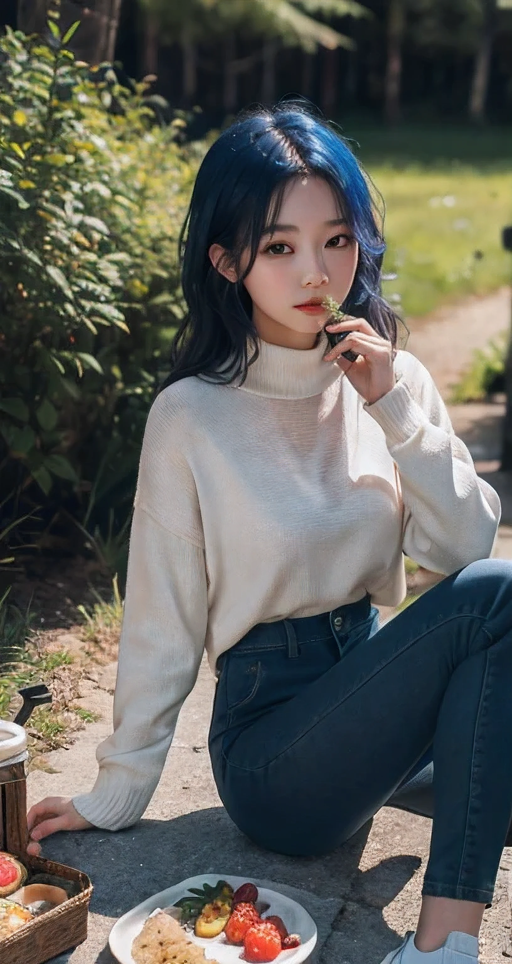 Best Quality Detail:1.2,  realisitic, 8K UHD, hight resolution, 1girl in:1.2, The ultra-detailliert, High quality textures, intricate detailes, detaileds, Very detailed CG, High quality shadows, Detail Beautiful delicate face, Detail Beautiful delicate eyes, depth of fields, Ray traching, masterpiece, best quality,ulzzang -6500-v1.1:0.6, pureerosface_v1,  Pretty korean Girl, Korean Urzan Face:1.1, milf, 28 year old woman,long neon dark blue hair,shiny_skin,thin_waist,huge breasts,wearing a green highneck long_sleeve knit sweater and cargo pants, night, 4K 8K UHD Full Color RAW Photos, Fuji Film(Medium format:1.2), Hasselblad:1.2, Carl zeiss:1.1, Incredible dynamic range photography(UTIL_Art by Smoose-768:1.1), hight resolution, High pixel count, clear details, crisp image, Natural color reproduction, Noise Reduction, High fidelity, qulity, Software Improvements, Upscaling, Optimized algorithms, Pro-level retouching,crowd:1.1,depth of field,looking at viewer,eating at a picnic,random pose sitting at the summer forest picnic ,random pose, picnic in the forest,