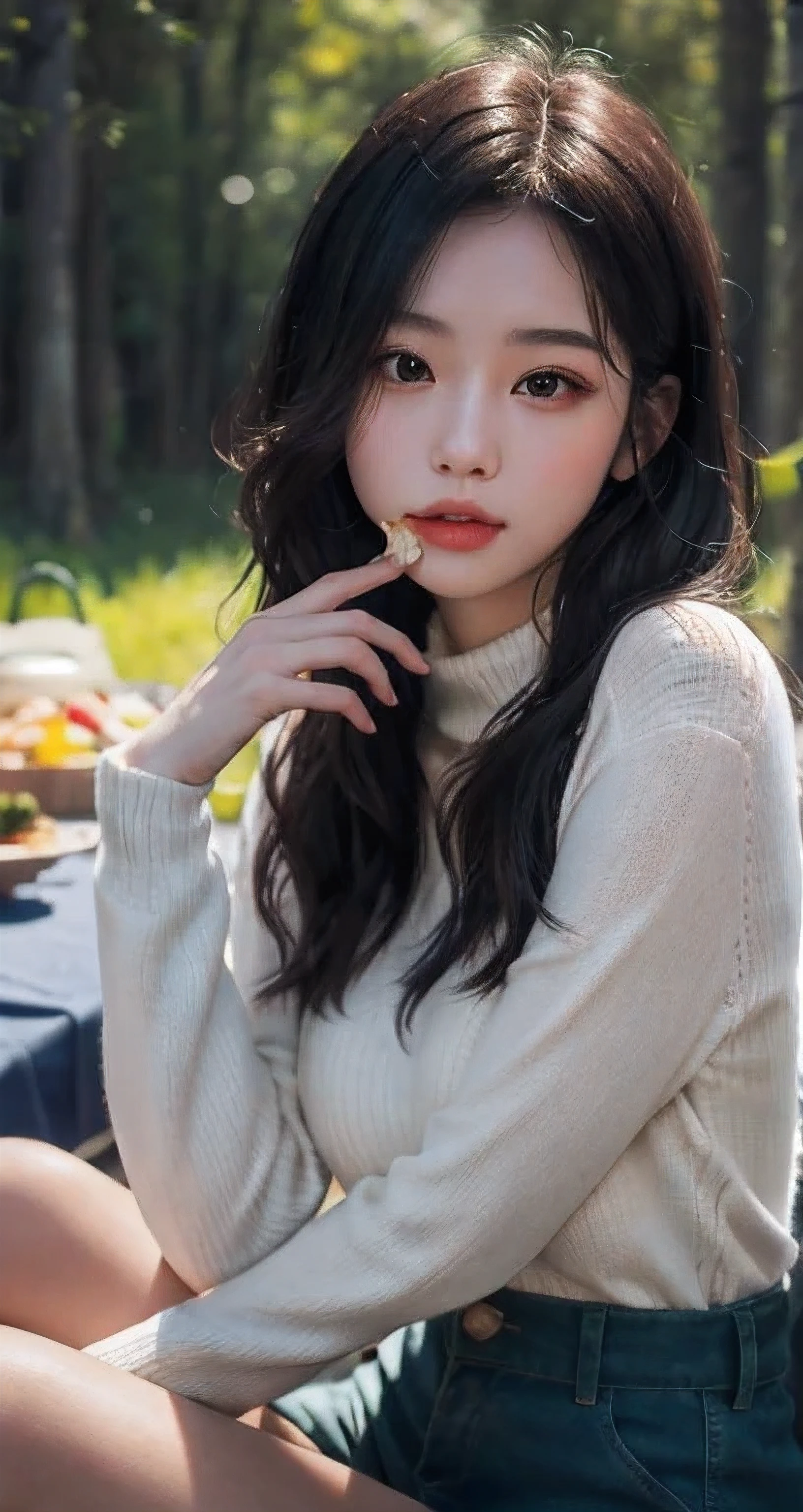 Best Quality Detail:1.2, realisitic, 8K UHD, hight resolution, 1girl in:1.2, The ultra-detailliert, High quality textures, intricate detailes, detaileds, Very detailed CG, High quality shadows, Detail Beautiful delicate face, Detail Beautiful delicate eyes, depth of fields, Ray traching, masterpiece, best quality,ulzzang -6500-v1.1:0.6, pureerosface_v1, Pretty korean Girl, Korean Urzan Face:1.1, milf, 28 year old woman,long neon dark blue hair,shiny_skin,thin_waist,huge breasts,wearing a green highneck long_sleeve knit sweater and cargo pants, night, 4K 8K UHD Full Color RAW Photos, Fuji Film(Medium format:1.2), Hasselblad:1.2, Carl zeiss:1.1, Incredible dynamic range photography(UTIL_Art by Smoose-768:1.1), hight resolution, High pixel count, clear details, crisp image, Natural color reproduction, Noise Reduction, High fidelity, qulity, Software Improvements, Upscaling, Optimized algorithms, Pro-level retouching,crowd:1.1,depth of field,looking at viewer,eating at a picnic,random pose sitting at the summer forest picnic ,random pose, picnic in the forest,