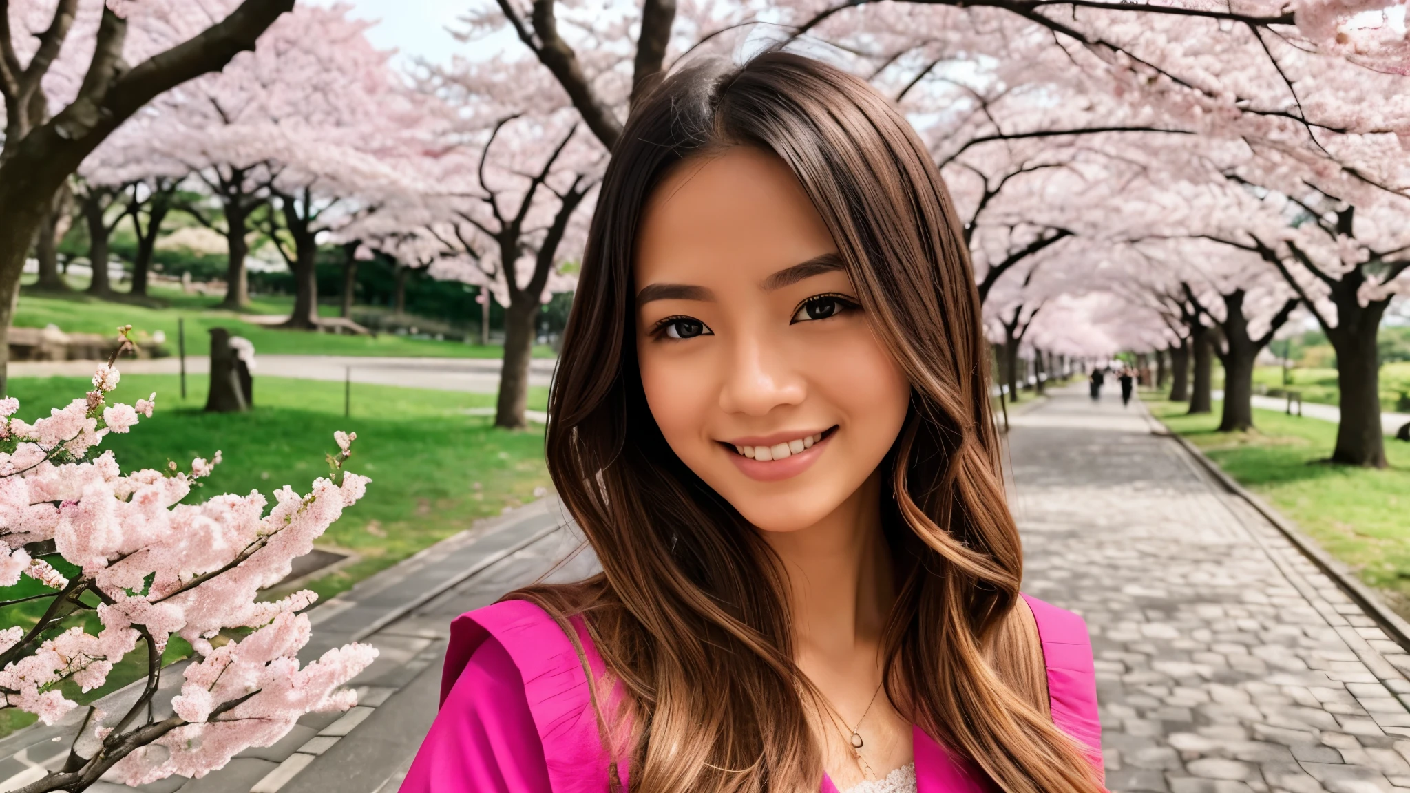 Instagram pictures, french girl, Shoulder length hair, Has light blonde hair, Close-up photo, Take a walk in the park with cherry blossoms, Japan, smile a little,