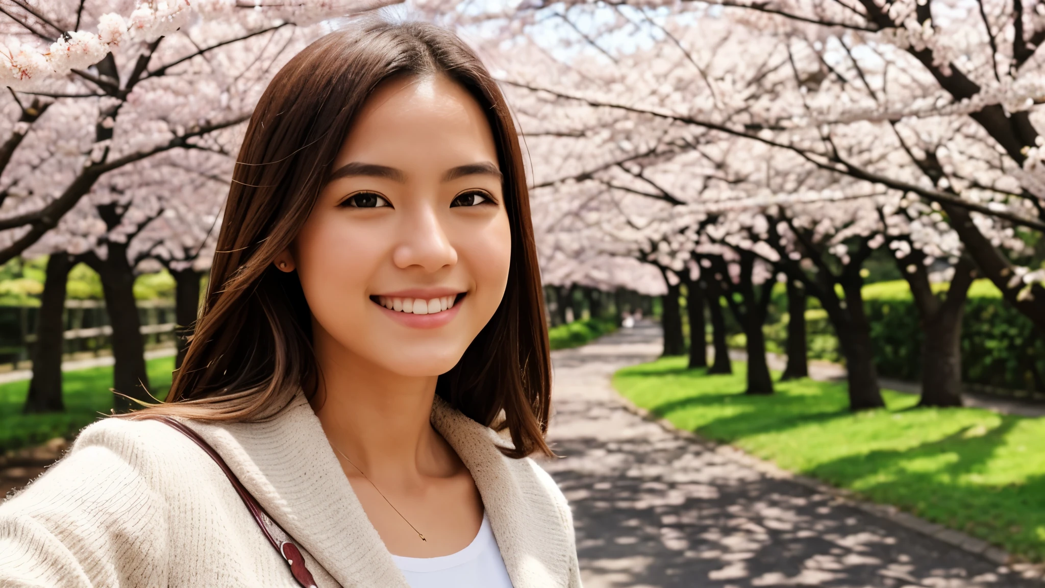 Instagram pictures, french girl, Shoulder length hair, Has light blonde hair, Close-up photo, Take a walk in the park with cherry blossoms, Japan, smile a little,