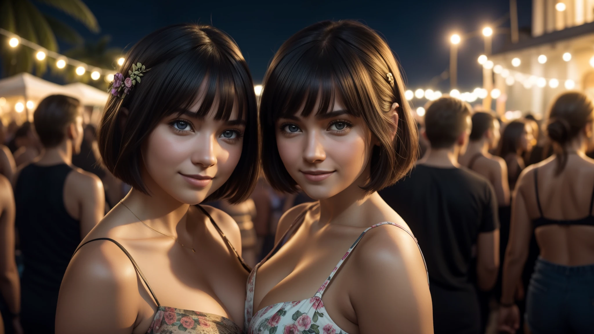 Capture a photorealistic, hyper-detailed image of 2 girls together in a single frame, smiling, Dark hair, bob_cut hair, big breasts:1.3, one is a curvy Russian woman in a mini floral dress at a rave party in the Caribbean. Another is a Russian girl who is of average build, with small . realistic skin texture. party in the background. Use film grain and ambient street lighting to create vintage shadows. evening. Export in RAW with a 'vintage elegance' Instagram LUT