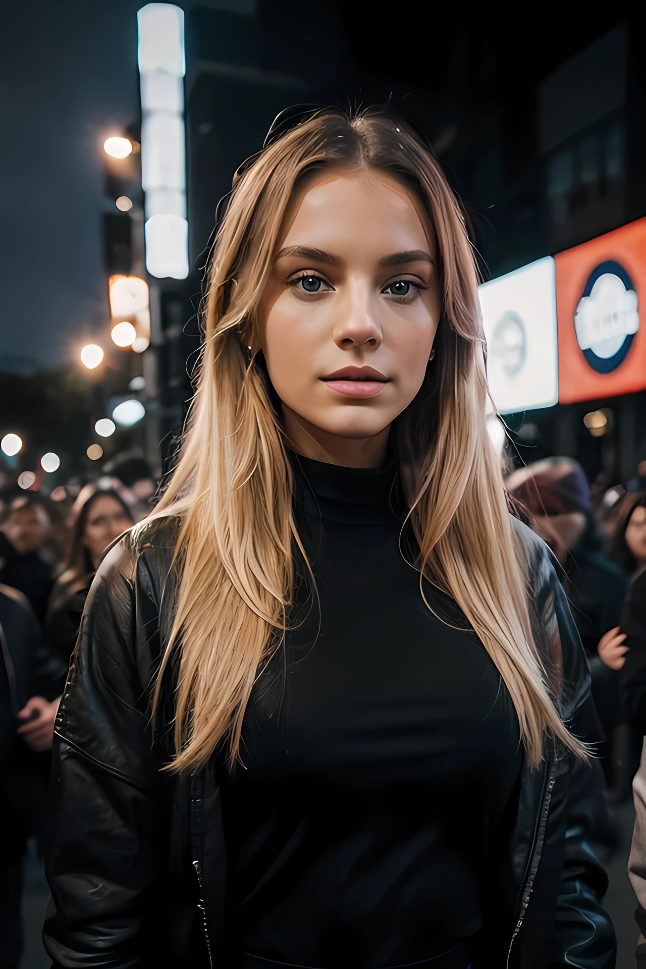 blonde suédoise fille, beaux yeux bleus, visage façonné, look époustouflant, très détaillé, modèle instagram, concert de travis scott, Tenue noire, sexy, fond de foule