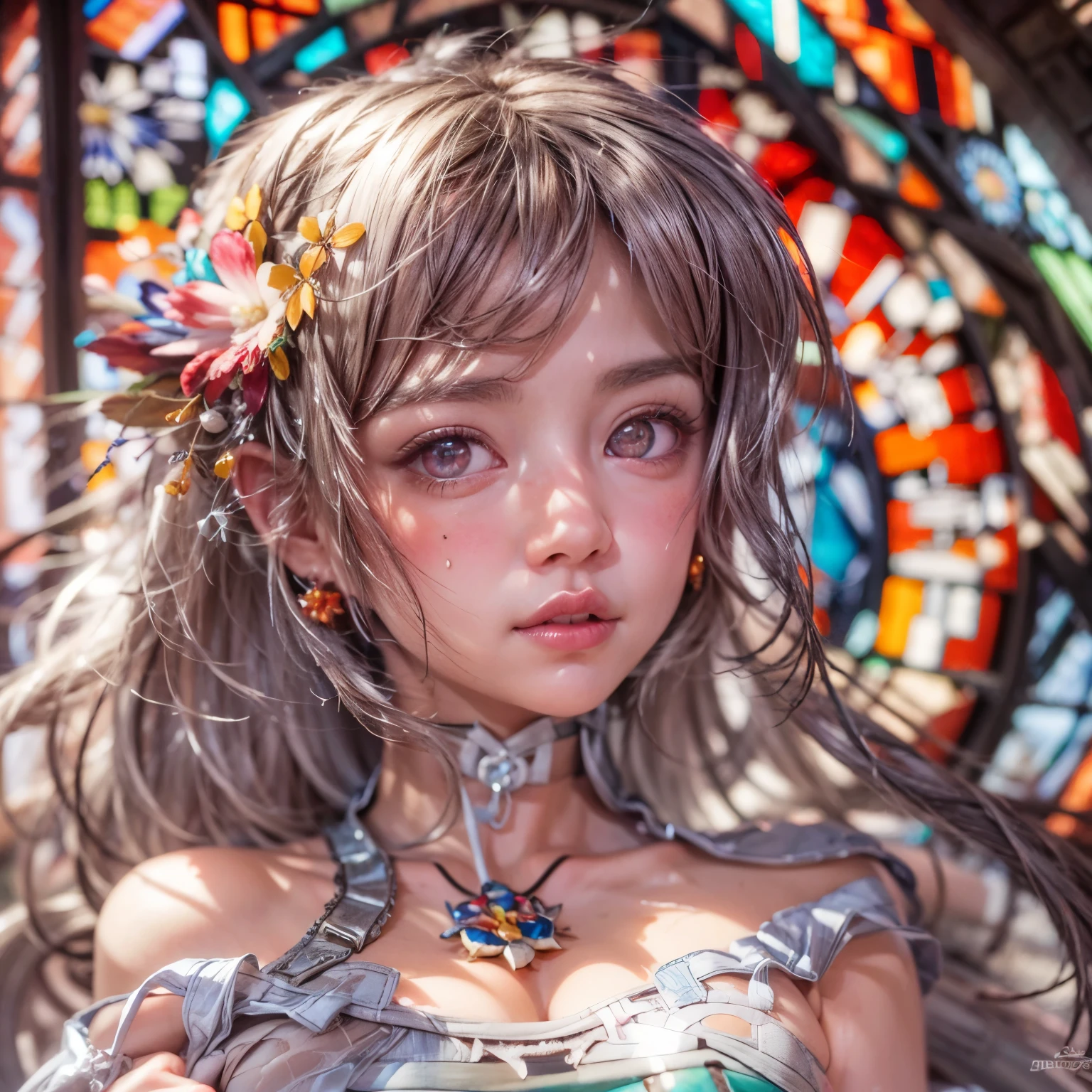 KAWAII girl in ((WHITE)) off shoulder, with Glossy RED lips, (Exposed:0.7), (nipple:-1), { Extremely closeup | Dynamic-angle }, ((Dazzling stained glass Background)), (( colorful Light pours down from stunning elaborate stained glass:1.2)), vivid Red colors . ((Acutance:0.8, physically-based 3D rendering with Volumetric lighting)), (masterpiece:1.2) of professional Analog photo with Hasselblad open aperture, (8K, ultra-detailed:1.35), (realistic, photorealistic, ((photo-realistic:1.37))with touch of rawness) . ((Renbutsu Misako)), (Extremely detailed KAWAII face variations, with Dynamic expressions),  (detailed eyes with sparkling highlights), captivating gaze, long eyelashes, subtle blush on the face, rosy cheeks, impeccable ivory skin texture . { full of flowers covering and surrounding girl's body | Dancing petals | Mystic sight | God rays | haze | Light Particle | Luminous Particle | Lens Flare | A Halo in the air | Overflowing underboob | Button Undoned } . (((Large eyes:-1))) .