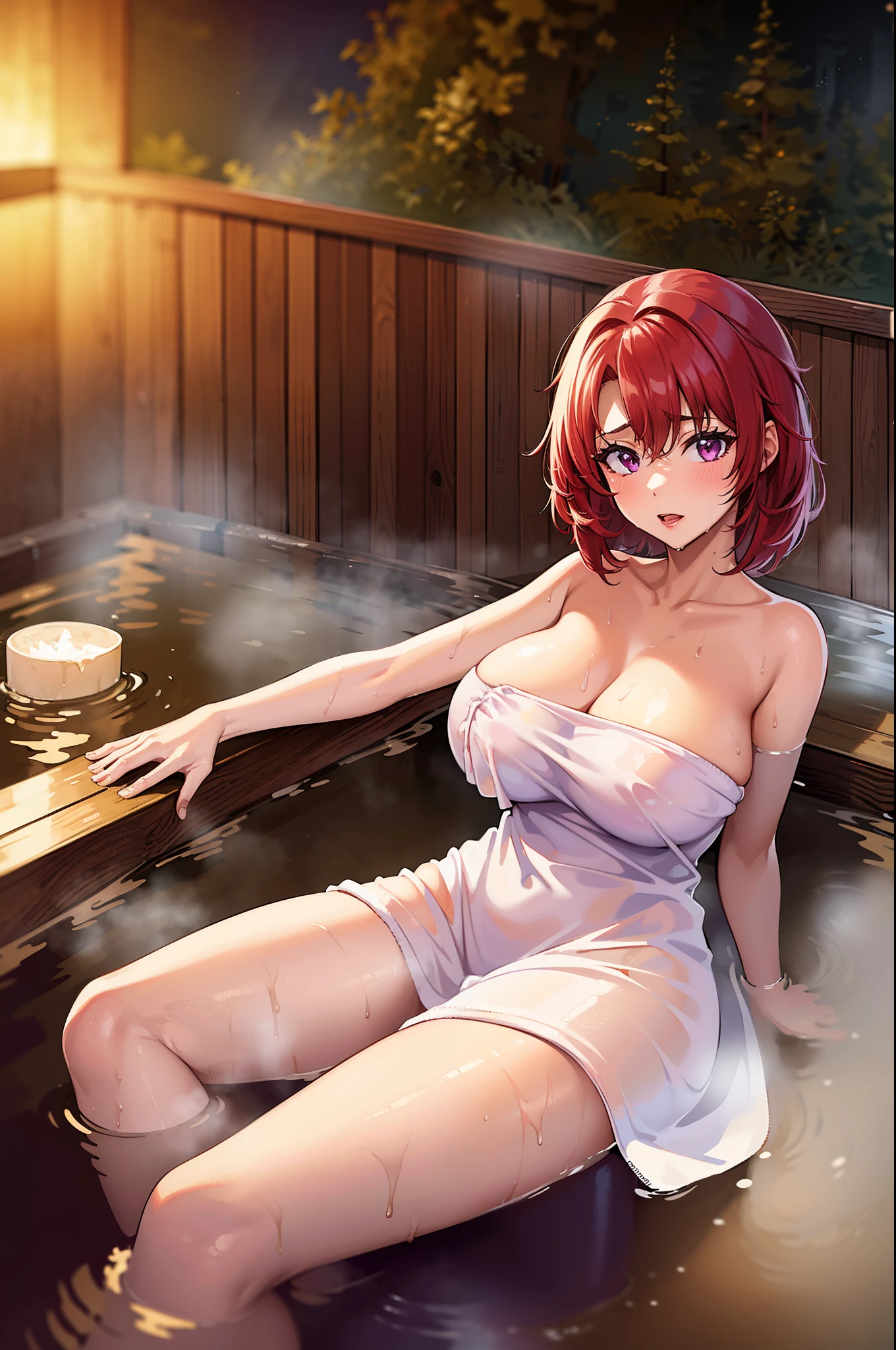 cowgirl, cow girl, red hair, (purple eyes:1.1), short hair,  (cowboy shot:1.2),  (masterpiece:1.2), best quality, high resolution, 8k wallpaper, (illustration:0.8), (beautiful detailed eyes:1.3),perfect lighting, extremely detailed CG, ,nsfw,  (sexy:1.4), (onsen_background:1.3),(Fully wrapped in a bath towel:1.3) , (night)