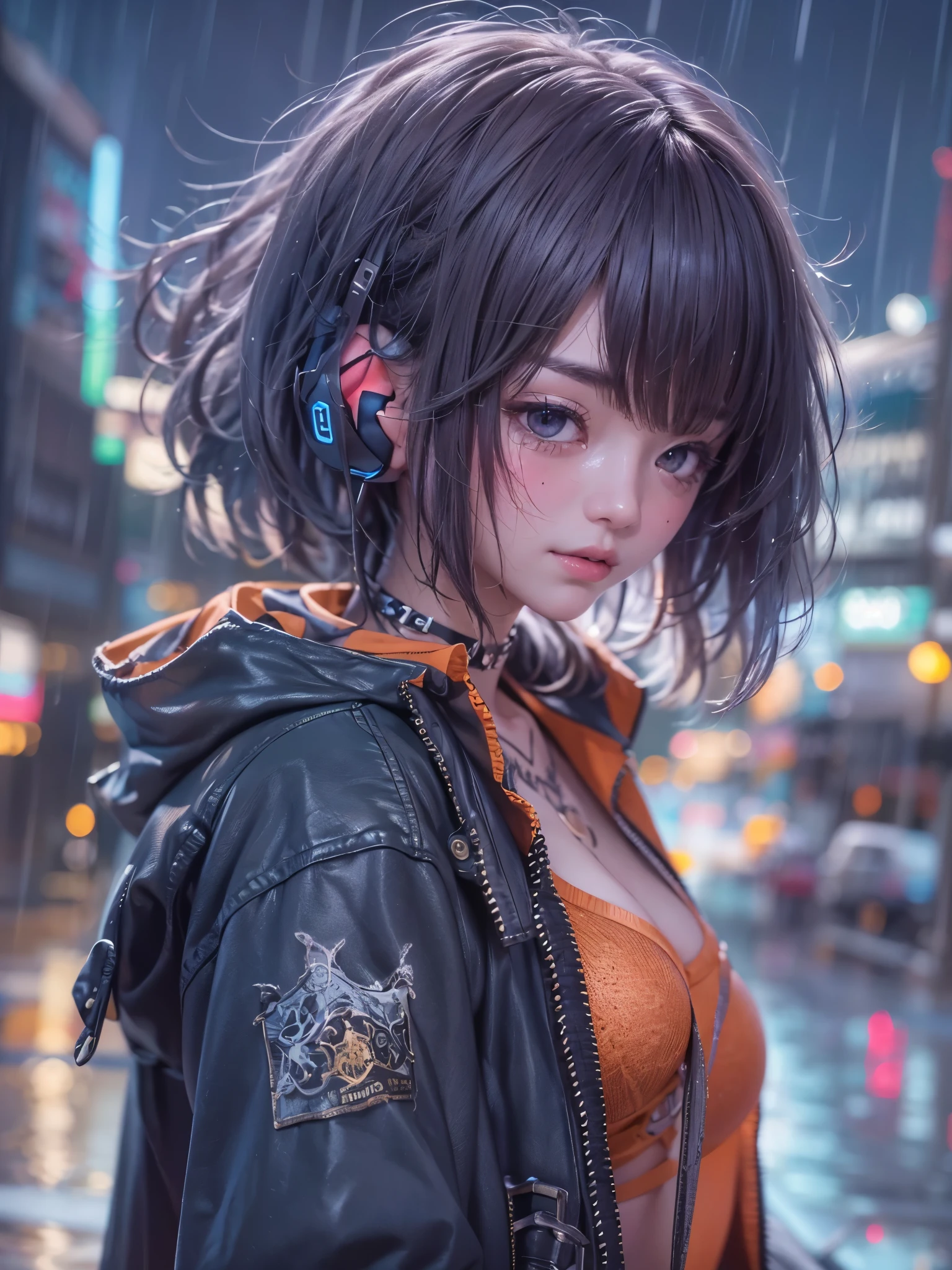 8K、master piece、highest quality、highest level、Highest image quality、muste piece、intricate details、high resolution、depth field、Natural light、professional lighting、(1 person)、solo、asian boyish girl、(cute:1.2)、very beautiful 18 year old cartoon girl、(high detail skin: 1.2)、Photorealistic anime girl rendering、Realistic anime 3D style、short bob cut、、beautiful light brown hair、強烈なblack eyes、strong eye highlights、very big breasts、perfect anatomy、(Torn and tattered damaged denim hot pants)、Wearing shorts、choker、hands behind the back、beautiful brown hair、short hair、crossed bangs、asymmetrical bangs、short bob cut、stick out ears、eyelashes、black eyes、crying and crying、(sophisticated headphones)、(Tattoo on the chest)、Body shiny with oil、Black leather jacket、(metallic bra)、Damaged blue short denim hot pants、it's raining、The body gets wet from the rain、Decadent and futuristic urban area in the evening、(cyberpunk city)、(Futuristic cars、flashing red light)、(Lightning is glowing)、(Flashing blue and purple neon tubes)、