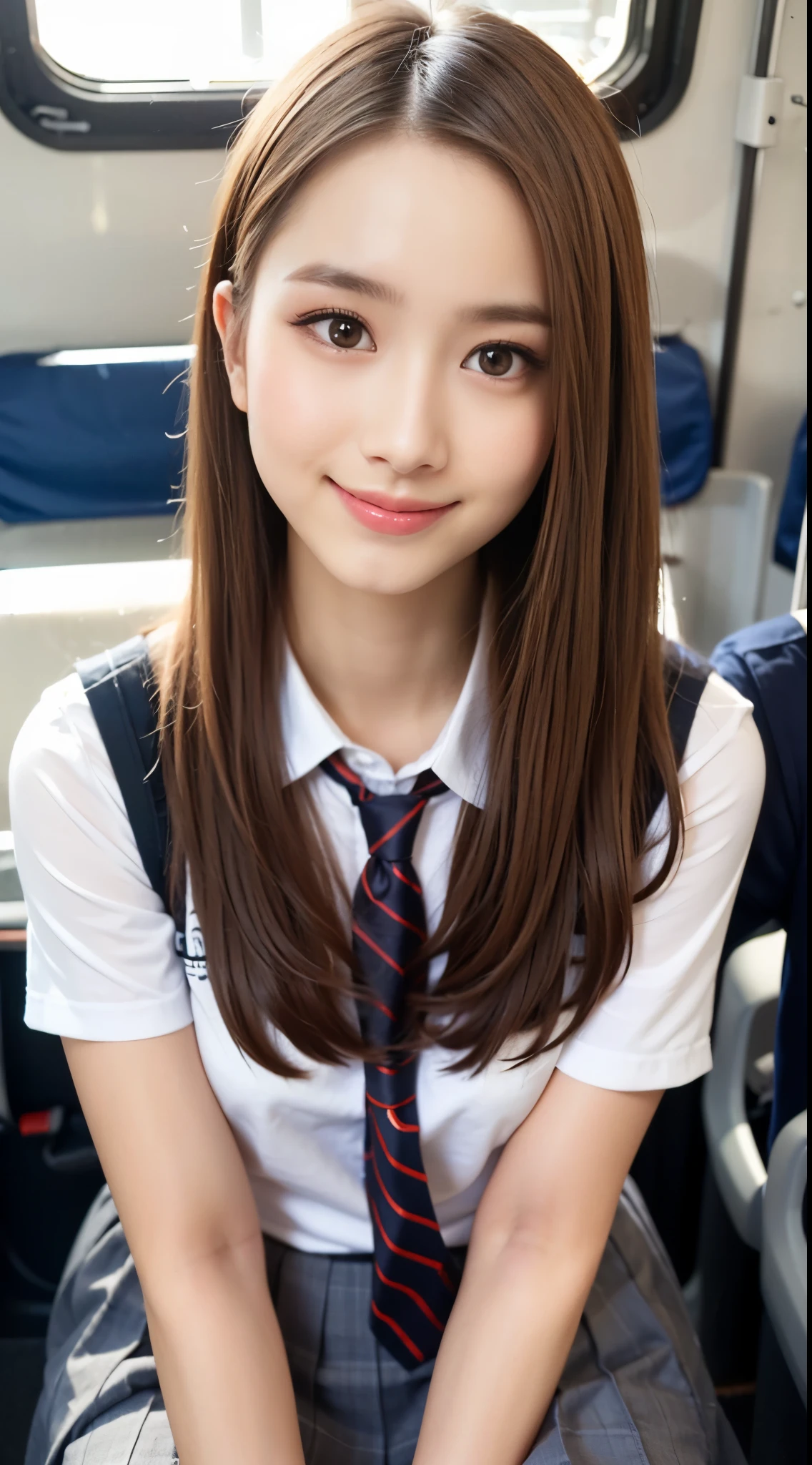 (1woman:1.3), (Top Quality, 8k, Masterpiece:1.3), Beautiful Woman, ************, small breasts:1.3, Slender Figure: 1.1, Dark Brown Hair, (Sitting in a bus seat),  (School uniform:1.4), Ultra Detailed Face, Detailed Lips, Detailed Eyes, High pony-tail hair, Necktie, Japanese idol:1.3, smile