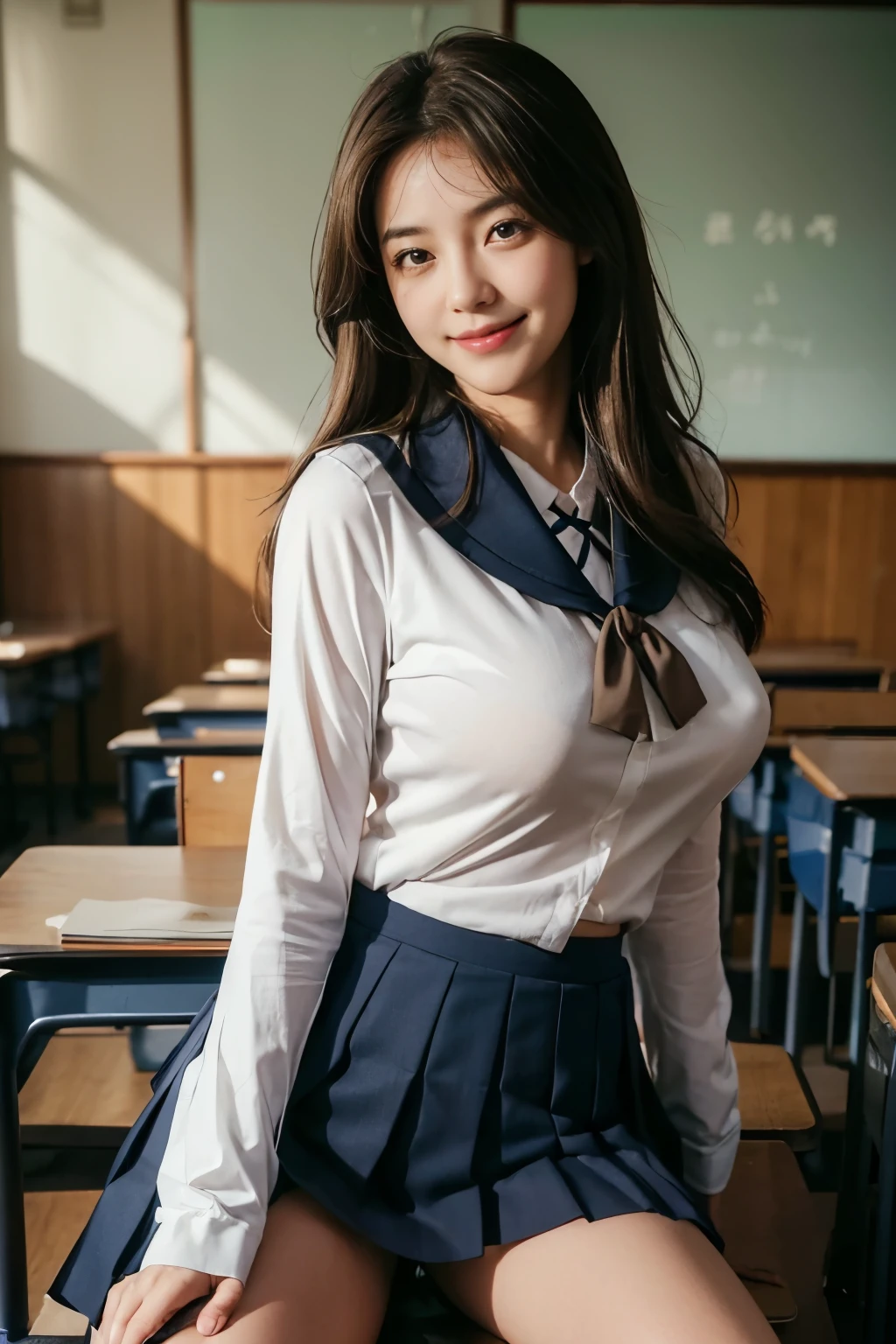 ((japanse beatiful girl:1.3)) ((school uniforms:1.4)) ((panty shot:1.5)) ((high school)),((dark blue skirt:1.3)) ((in the class room:1.3)) ((thin_fabric:1.4)) ((random sexy pose:1.3)) ((sweaty:1.5))((face is flushed:1.4)) ((big breasts:1.4)) ((close-up:1.2)) best quality,masterpiece,ultra high res,(photorealistic:1.4),raw photo,(Authentic skin texture:1.3),(film grain:1.3),panorama,character portrait,very wide shot,narrow waist,cowboy shot,(in the dark, deep shadow, low key, cold light,) night,(()),streaming tears,,dust,Tyndall effect,(expression),1girl,beautiful detailed eyes and face,white jabot,brown eyes,((brown hair:1.2)) ((full body:1.3)) ((smile:1.3))