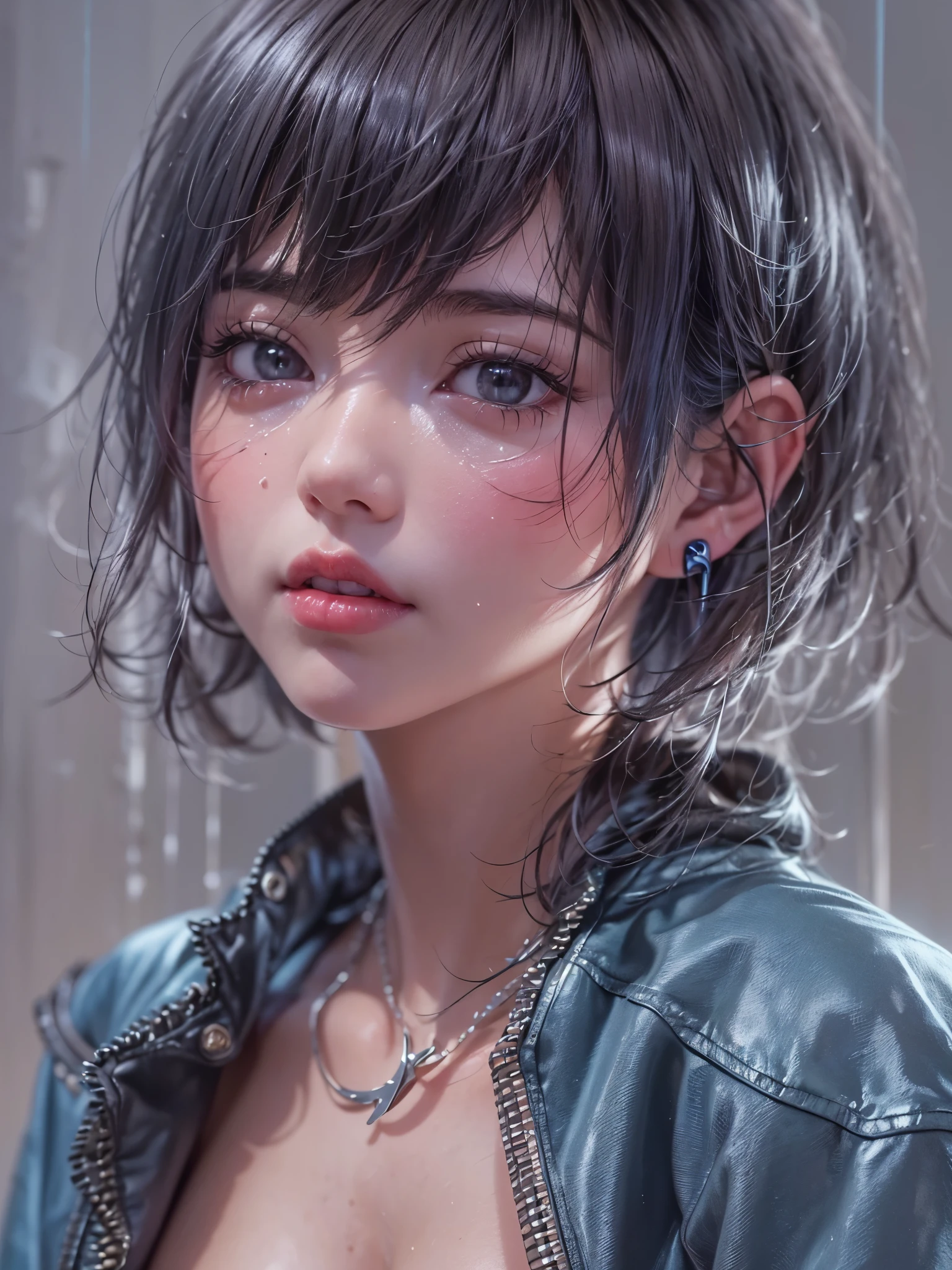 8K、master piece、highest quality、highest level、Highest image quality、muste piece、intricate details、high resolution、depth field、Natural light、professional lighting、(1 person)、solo、asian boyish girl、(cute:1.2)、very beautiful 18 year old cartoon girl、(high detail skin: 1.2)、Photorealistic anime girl rendering、Realistic anime 3D style、short bob cut、、beautiful light brown hair、強烈なblack eyes、strong eye highlights、very big breasts、perfect anatomy、(Torn and tattered damaged denim hot pants)、Wearing shorts、choker、hands behind the back、beautiful brown hair、short hair、crossed bangs、asymmetrical bangs、short bob cut、stick out ears、eyelashes、black eyes、crying and crying、(sophisticated headphones)、(Tattoo on the chest)、Body shiny with oil、Black leather jacket、(metallic bra)、Damaged blue short denim hot pants、it&#39;s raining、The body gets wet from the rain、Decadent and futuristic urban area in the evening、(cyberpunk city)、(Futuristic cars、flashing red light)、(Lightning is glowing)、(Flashing blue and purple neon tubes)、