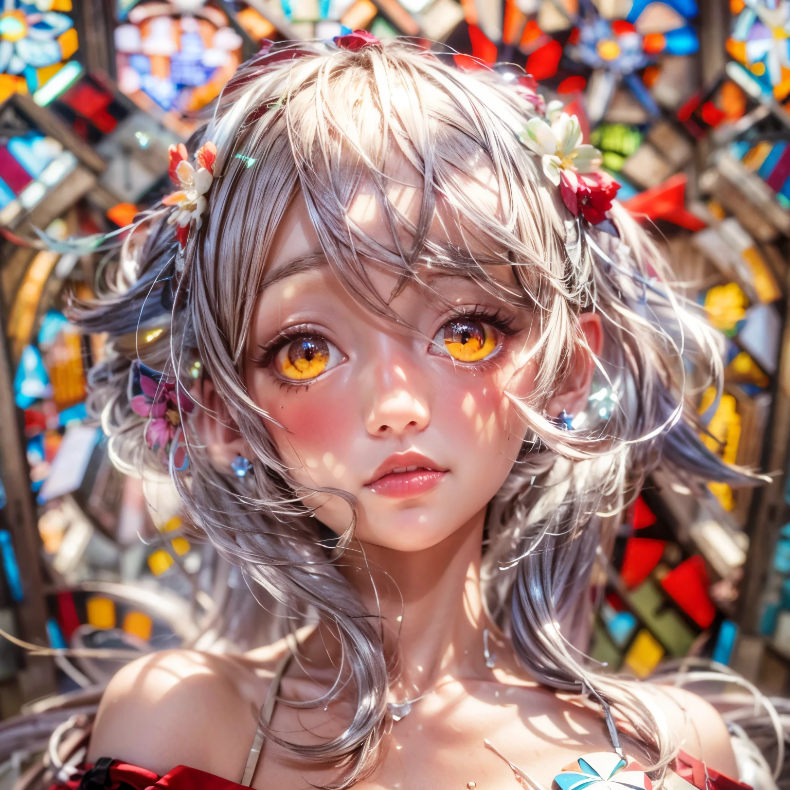 KAWAII girl in ((WHITE)) off shoulder, with Glossy RED lips, (Exposed:0.7), (nipple:-1), { Extremely closeup | Dynamic-angle }, ((Dazzling stained glass Background)), (( colorful Light pours down from stunning elaborate stained glass:1.2)), vivid Red colors . ((Acutance:0.8, physically-based 3D rendering with Volumetric lighting)), (masterpiece:1.2) of professional Analog photo with Hasselblad open aperture, (8K, ultra-detailed:1.35), (realistic, photorealistic, ((photo-realistic:1.37))with touch of rawness) . ((Renbutsu Misako)), (Extremely detailed KAWAII face variations, with Dynamic expressions), (detailed eyes with sparkling highlights), captivating gaze, long eyelashes, subtle blush on the face, rosy cheeks, impeccable ivory skin texture . { full of flowers covering and surrounding girl's body | Dancing petals | Mystic sight | God rays | haze | Light Particle | Luminous Particle | Lens Flare | A Halo in the air | Overflowing underboob | Button Undoned } . (((Large eyes:-1))) .