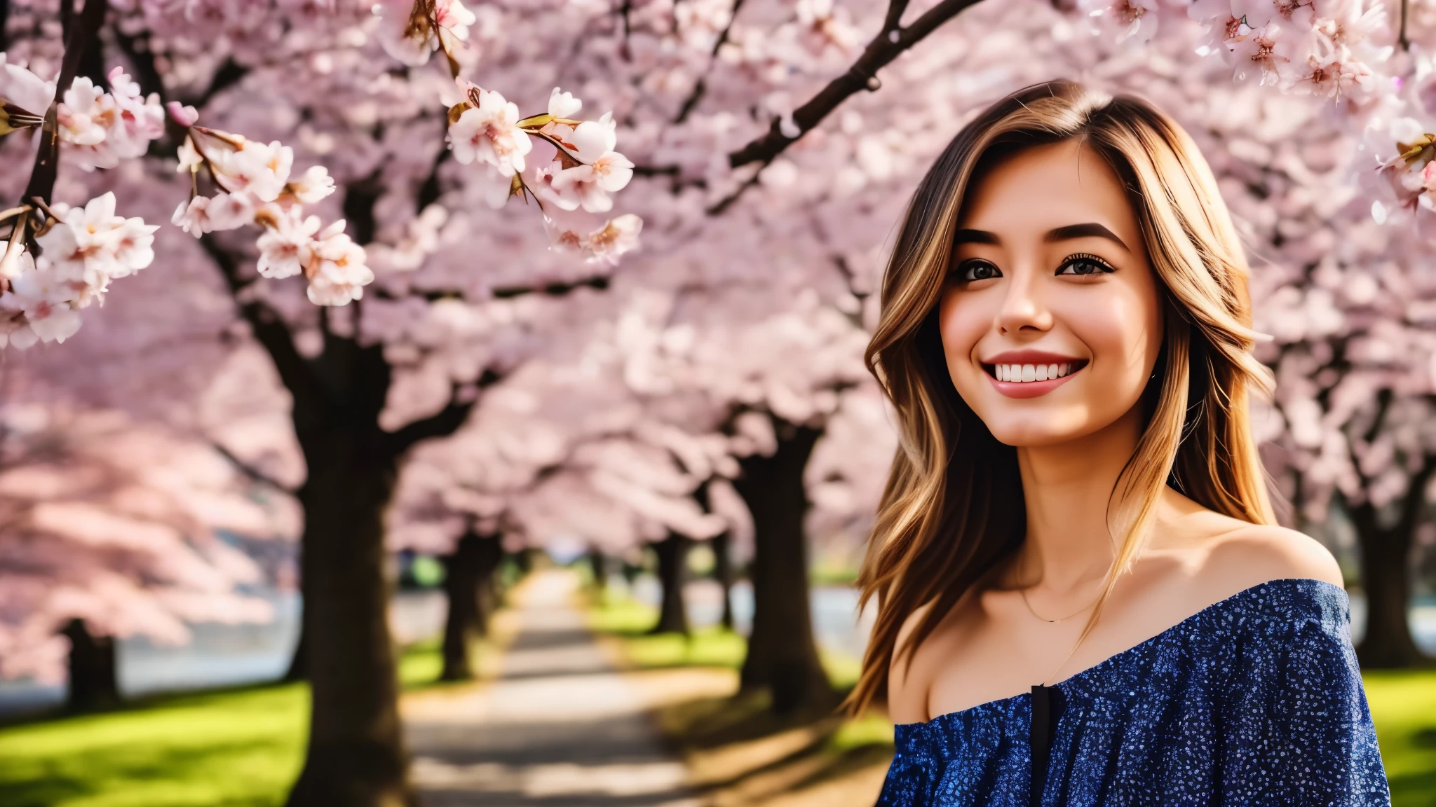 Instagram pictures, french girl, Shoulder length hair, Has light blonde hair, Close-up photo, Take a walk in the park with cherry blossoms, Japan, smile a little,