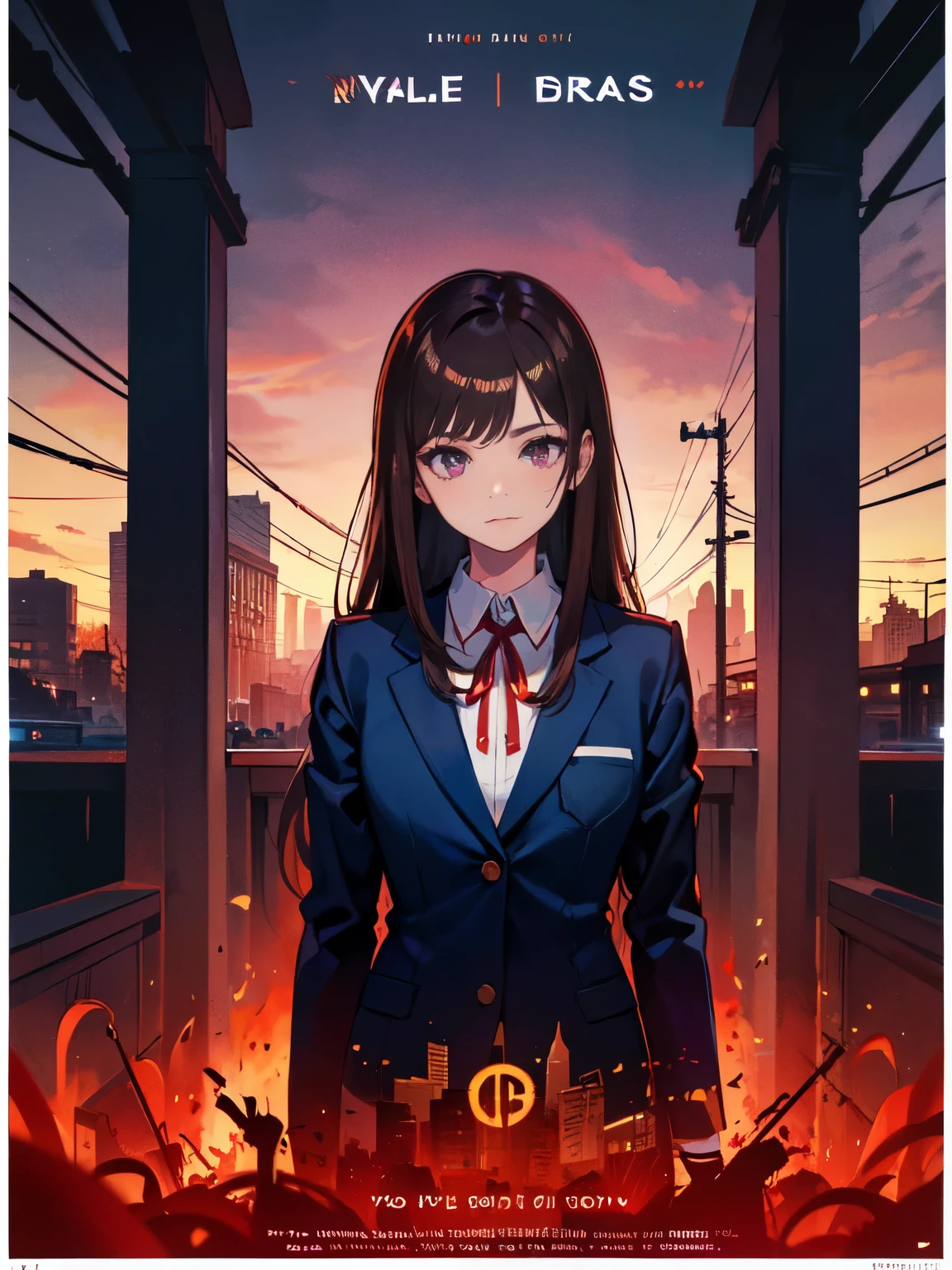 master piece、high resolution、1 girl、horror、suspense fiction,horror映画,movie poster,Movie Quotes,1980s movie references, Brown hair long hair、Navy blue blazer school uniform with red ribbon、Reddish-purple eyes、