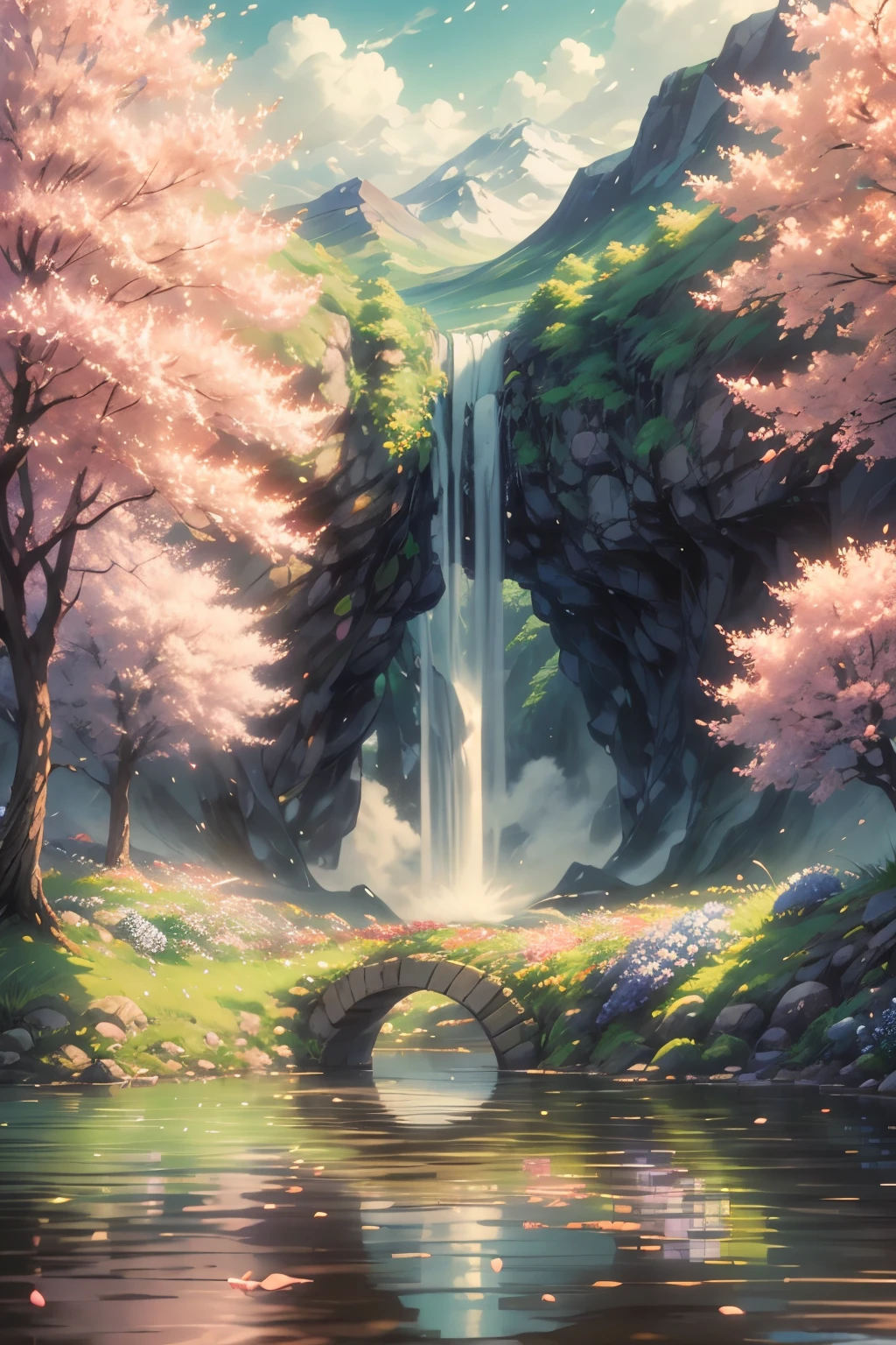 (bubbles,swirling fountain,beautiful landscape,river,bridge,anime art wallpaper:4k,marshmallows,fluffy,hydrangea,fragrance,orange scent,cherry blossoms,swirling marshmallow clouds,anime art wallpaper:8k,anime landscape wallpaper,beautiful anime scene,anime nature wallpaper,beautiful anime scenery,anime wallpaper:4k,anime style:4k)。In this beautiful landscape painting，The river meanders quietly，The bridge connects the two sides together。behind this scene，Swirling marshmallow clouds float in the sky，It adds a touch of dreamy atmosphere to the whole picture。There are also some details in the picture，For example, the scent of hydrangeas in bloom，Orange scent，The petals of the cherry blossom tree fall in the wind。This painting is presented as anime art as wallpaper，Make people feel the unique beauty and charm。This is an intoxicating view，Beautiful nature wallpapers that look like they came out of the anime world。This picture is presented in 4K high-definition quality，Clear details，Bright colors，Extremely realistic。In this picture，You will feel the unique charm and mystery of anime style。