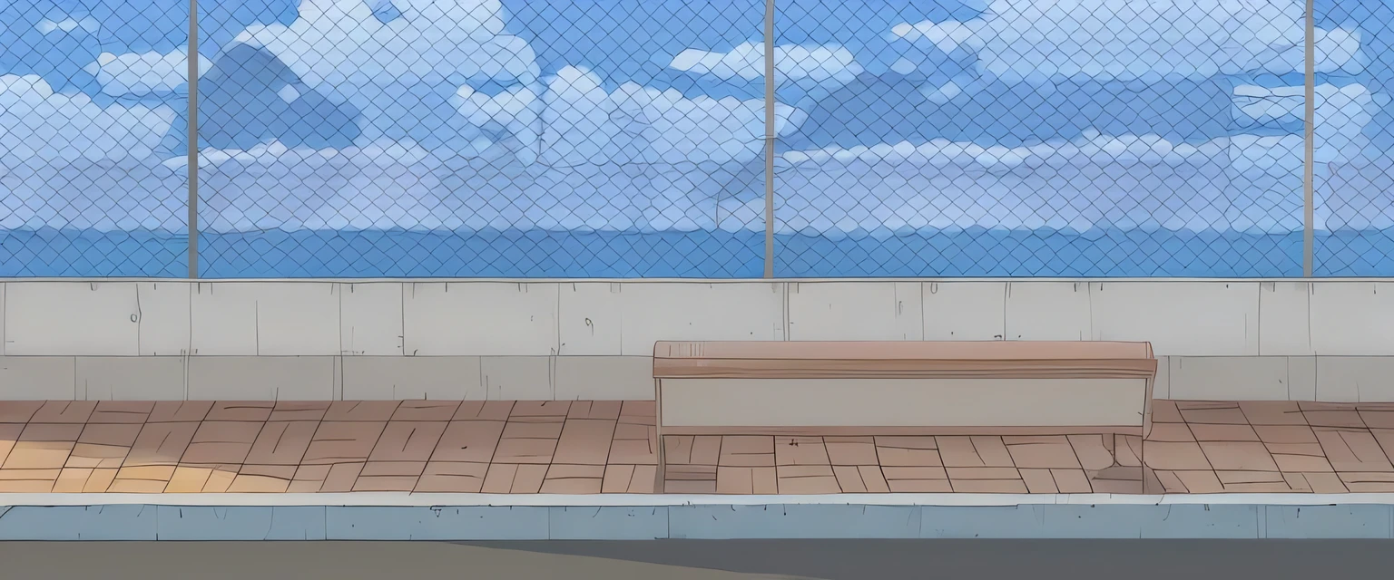 there is a bench in front of a fenced area, Background of the volleyball court, fundo de anime art, fundo de anime, backgroud by the sea, fundo de rua, random background scene, fundo da cena da porta, fundo de vista de rua da cidade, prison background, school background, paisagem urbana de fundo, detailed scenery - width 672, paisagem urbana estilo anime, jantar de anime, jantar de animery