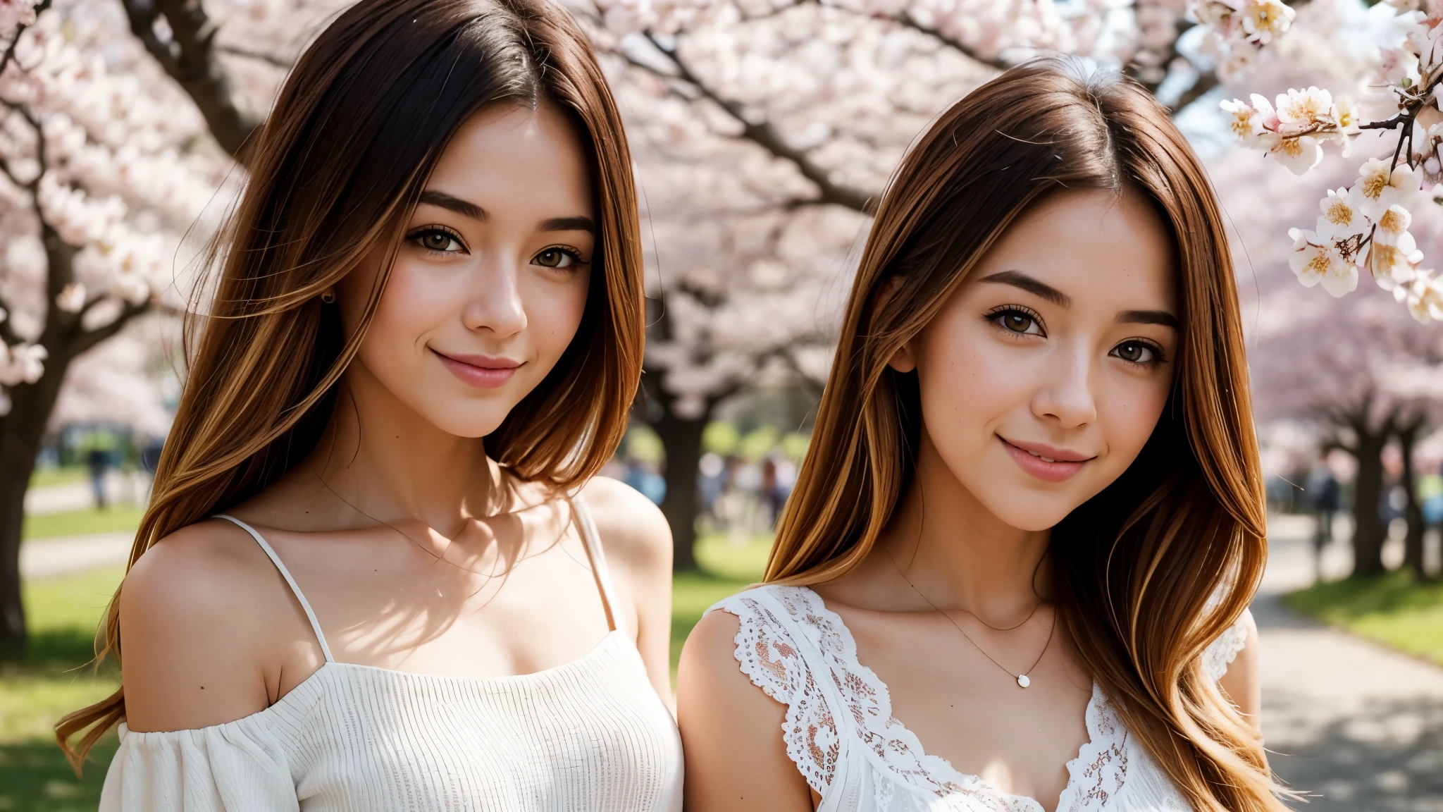 Instagram pictures, french girl, Shoulder length hair, Has light blonde hair, Close-up photo, Take a walk in the park with cherry blossoms, Japan, smile a little,