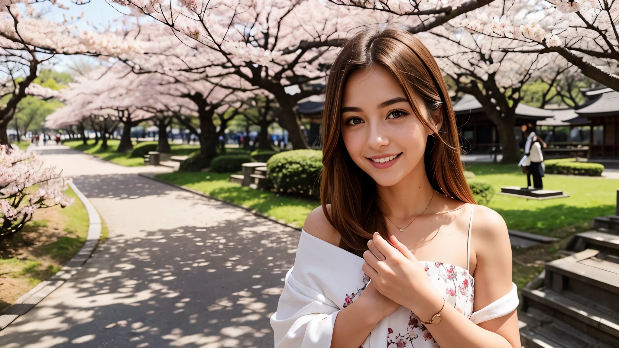 Instagram pictures, french girl, Shoulder length hair, Has light blonde hair, Close-up photo, Take a walk in the park with cherry blossoms, Japan, smile a little,