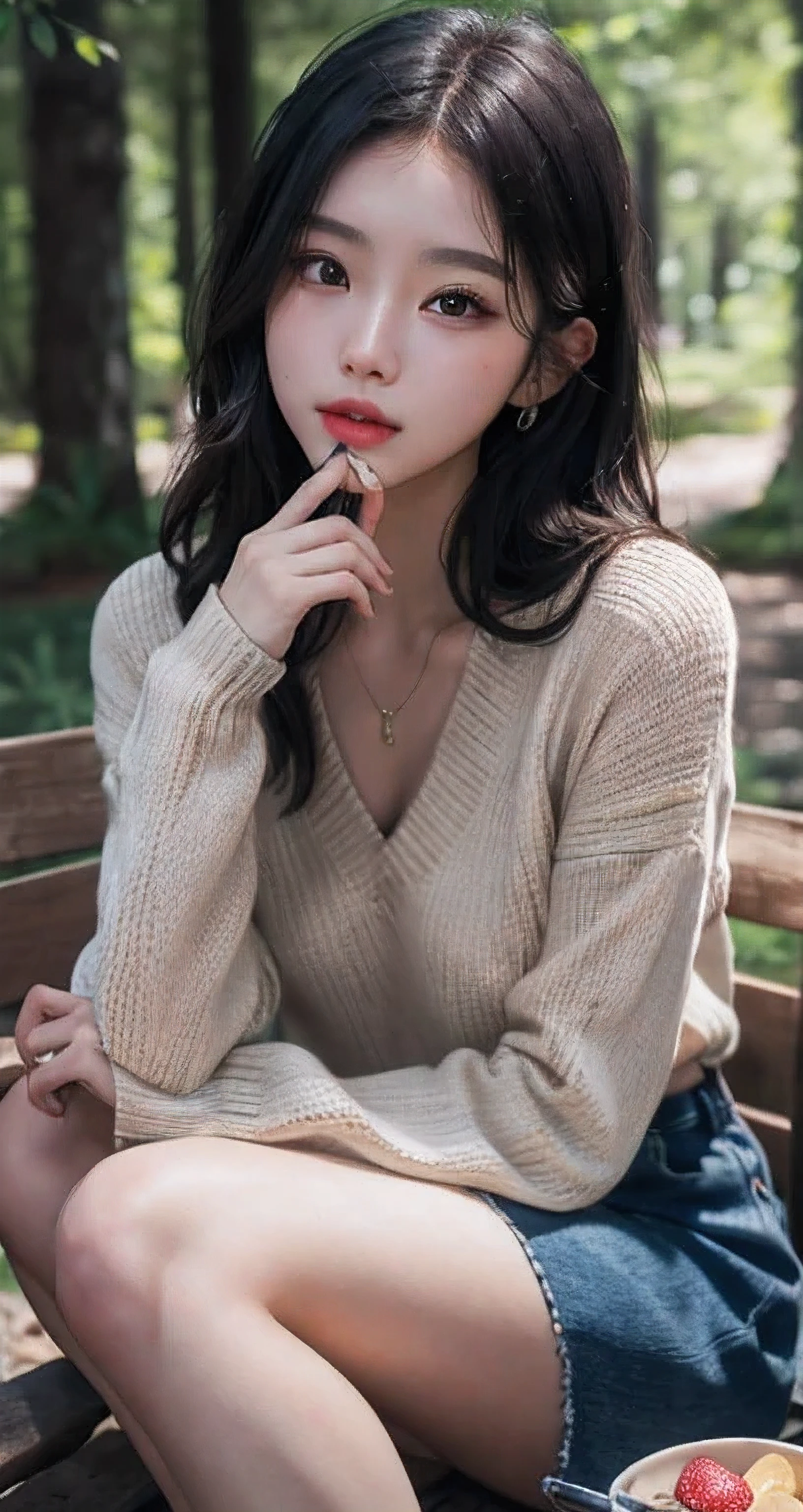 Best Quality Detail:1.2, realisitic, 8K UHD, hight resolution, 1girl in:1.2, The ultra-detailliert, High quality textures, intricate detailes, detaileds, Very detailed CG, High quality shadows, Detail Beautiful delicate face, Detail Beautiful delicate eyes, depth of fields, Ray traching, masterpiece, best quality,ulzzang -6500-v1.1:0.6, pureerosface_v1, Pretty korean Girl, Korean Urzan Face:1.1, milf, 28 year old woman,long neon dark blue hair,shiny_skin,thin_waist,huge breasts,wearing a red lowneck long_sleeve knit sweater and rok mini plisket, night, eating fruits, 4K 8K UHD Full Color RAW Photos, Fuji Film(Medium format:1.2), Hasselblad:1.2, Carl zeiss:1.1, Incredible dynamic range photography(UTIL_Art by Smoose-768:1.1), hight resolution, High pixel count, clear details, crisp image, Natural color reproduction, Noise Reduction, High fidelity, qulity, Software Improvements, Upscaling, Optimized algorithms, Pro-level retouching,crowd:1.1,depth of field,looking at viewer,eating at a picnic,random pose sitting at the summer forest picnic ,random pose, picnic in the forest,