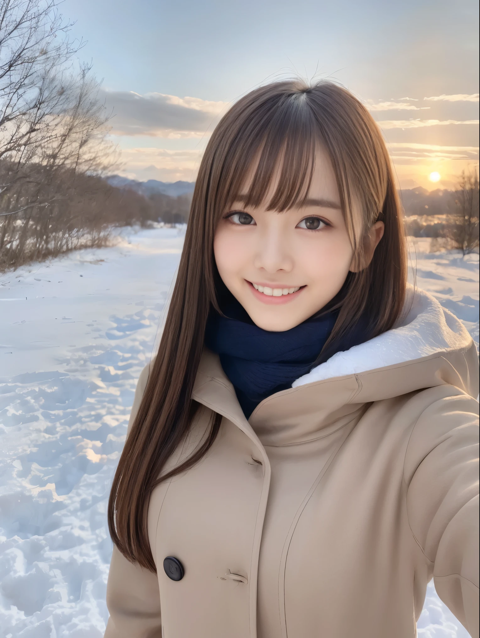 (Close up portrait of one girl with slender small breasts and twin-tailed long hair in a coat over a winter school uniform and a scarf :1.5)、(One girl with little smile and hair fluttering in the wind :1.3)、(Beautiful snowy sunset sky:1.5)、(Perfect Anatomy:1.3)、(No mask:1.3)、(complete fingers:1.3)、Photorealistic、Photography、masutepiece、top-quality、High resolution, delicate and pretty、face perfect、Beautiful detailed eyes、Fair skin、Real Human Skin、pores、((thin legs))、(Dark hair)