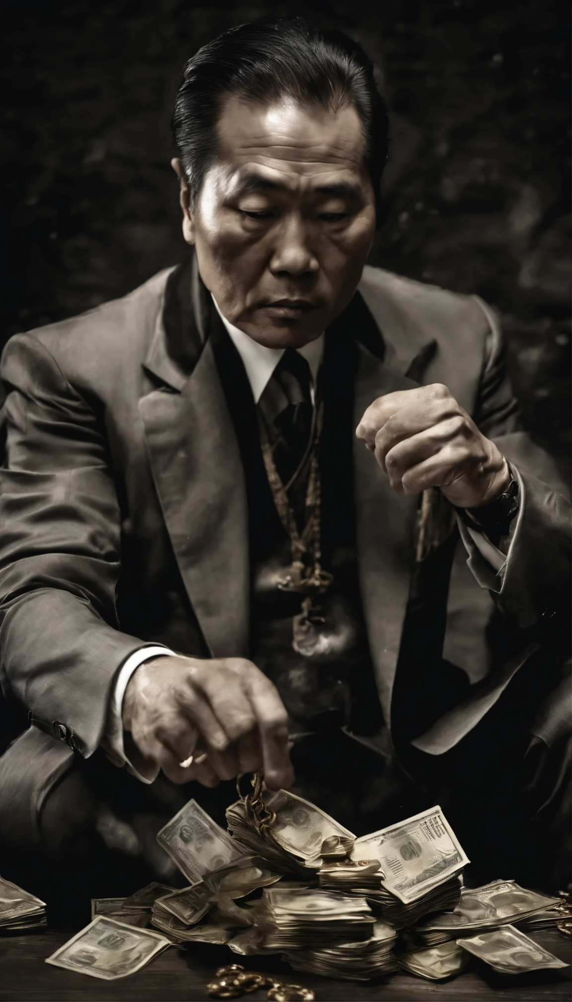 Chinese,Man fights with money, painting, rough brushstrokes, dramatic lighting, intense expression, firm eyes, clenched fist, Sweat flowed down his face, Wrinkled suit, broken chain, Damaged RMB banknotes, A shaky figure, Smoke rising in the background, black and white,with a hint of gold, realism. (best quality, high resolution, super detailed), (actual:1.37), professional, bright colors