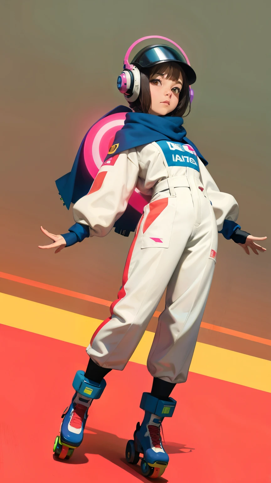 (ultra detailed,ultra high res,detailed background),((2D)),((flat color)),((muted color)),((floating neon)),1girl,solo,looking at viewer, spray paint, graffiti, girl in a white fencing suit, long plush scarf, full body image, adult woman, anatomically perfect face, face in focus, symmetrical face, rollerskates, wearing a 1950's scifi helmet with a visor, 