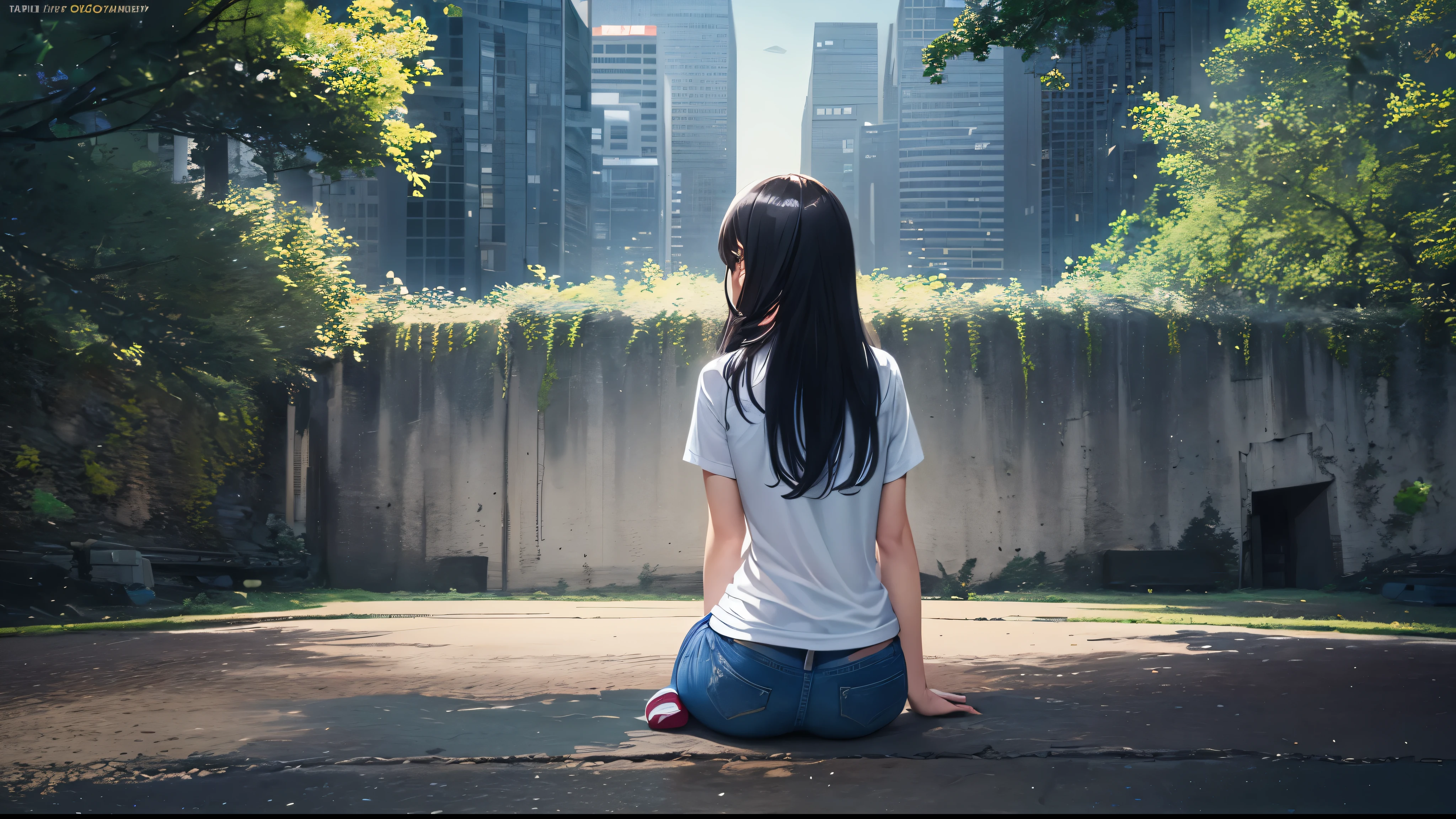 A park in an urban gap. An Asian woman dressed casually in a white T-shirt and boyish jeans sits, cinematic lighting, ray tracing, depth of field, vanishing point, atmospheric perspective, Hasselblad, from behind, UHD, retina, masterpiece, anatomically correct, ccurate, textured skin, super detail, high quality, best quality, highres, award winning, 16k, 8k
