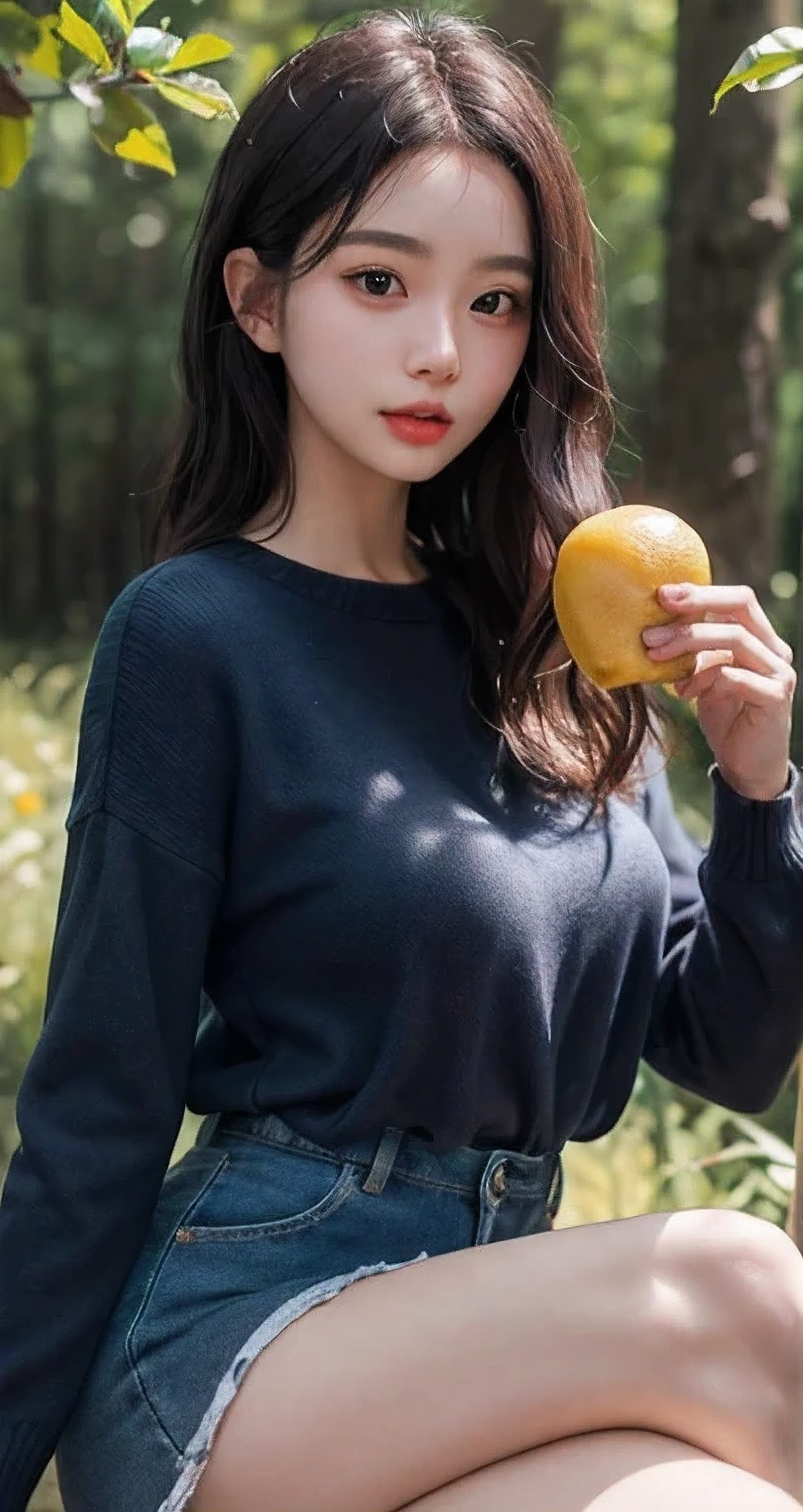 Best Quality Detail:1.2, realisitic, 8K UHD, hight resolution, 1girl in:1.2, The ultra-detailliert, High quality textures, intricate detailes, detaileds, Very detailed CG, High quality shadows, Detail Beautiful delicate face, Detail Beautiful delicate eyes, depth of fields, Ray traching, masterpiece, best quality,ulzzang -6500-v1.1:0.6, pureerosface_v1, Pretty korean Girl, Korean Urzan Face:1.1, milf, 28 year old woman,long neon dark blue hair,shiny_skin,thin_waist,huge breasts,wearing a red lowneck long_sleeve knit sweater and rok mini plisket, night, eating fruits, 4K 8K UHD Full Color RAW Photos, Fuji Film(Medium format:1.2), Hasselblad:1.2, Carl zeiss:1.1, Incredible dynamic range photography(UTIL_Art by Smoose-768:1.1), hight resolution, High pixel count, clear details, crisp image, Natural color reproduction, Noise Reduction, High fidelity, qulity, Software Improvements, Upscaling, Optimized algorithms, Pro-level retouching,crowd:1.1,depth of field,looking at viewer,eating at a picnic,random pose sitting at the summer forest picnic ,random pose, picnic in the forest,