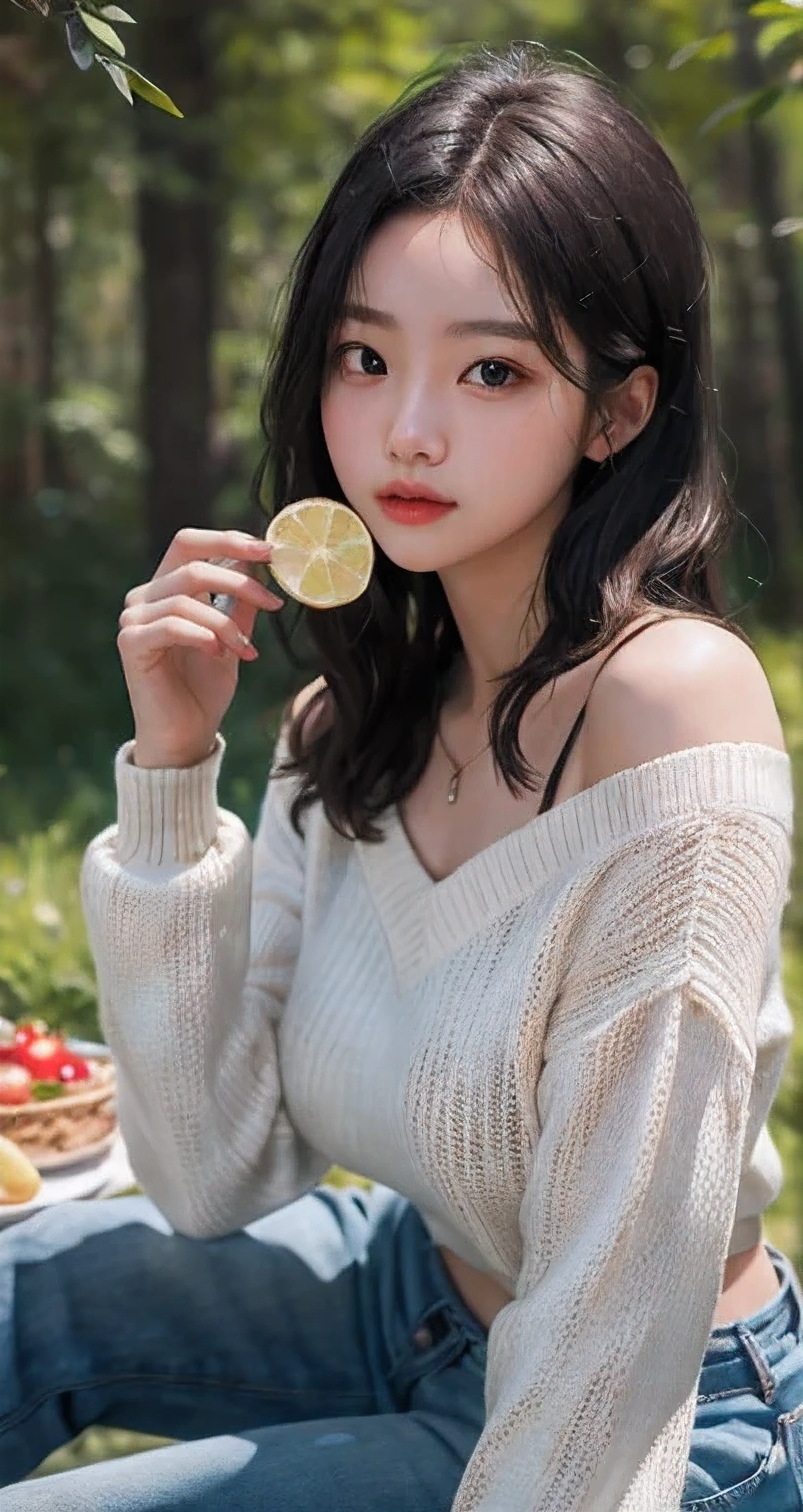 Best Quality Detail:1.2, realisitic, 8K UHD, hight resolution, 1girl in:1.2, The ultra-detailliert, High quality textures, intricate detailes, detaileds, Very detailed CG, High quality shadows, Detail Beautiful delicate face, Detail Beautiful delicate eyes, depth of fields, Ray traching, masterpiece, best quality,ulzzang -6500-v1.1:0.6, pureerosface_v1, Pretty korean Girl, Korean Urzan Face:1.1, milf, 28 year old woman,long neon dark blue hair,shiny_skin,thin_waist,huge breasts,wearing a red lowneck long_sleeve knit sweater and rok mini plisket, night, eating fruits, 4K 8K UHD Full Color RAW Photos, Fuji Film(Medium format:1.2), Hasselblad:1.2, Carl zeiss:1.1, Incredible dynamic range photography(UTIL_Art by Smoose-768:1.1), hight resolution, High pixel count, clear details, crisp image, Natural color reproduction, Noise Reduction, High fidelity, qulity, Software Improvements, Upscaling, Optimized algorithms, Pro-level retouching,crowd:1.1,depth of field,looking at viewer,eating at a picnic,random pose sitting at the summer forest picnic ,random pose, picnic in the forest,