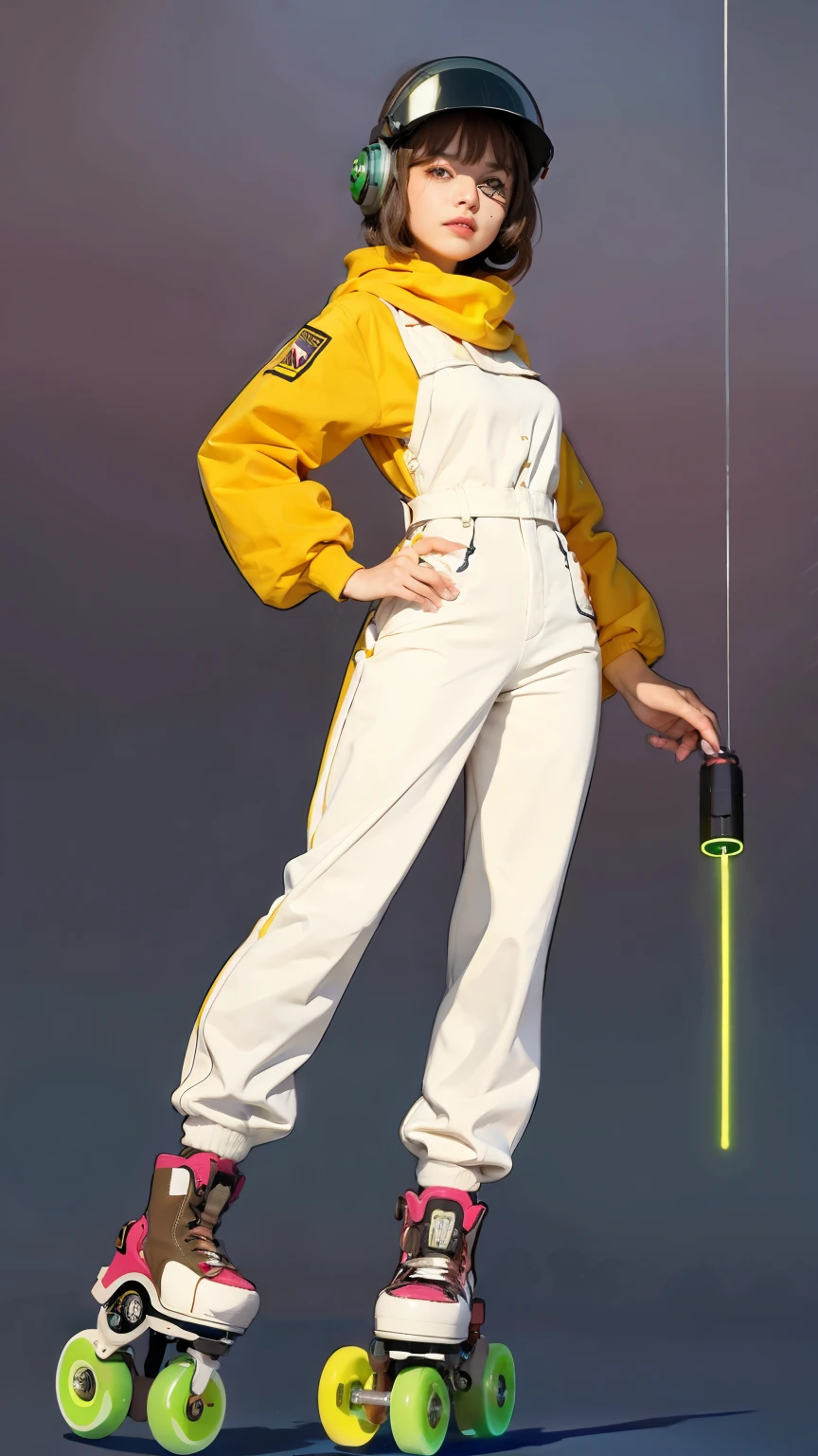 (ultra detailed,ultra high res,detailed background),((2D)),((flat color)),((muted color)),((floating neon)),1girl,solo,looking at viewer, spray paint, graffiti, girl in a white jumpsuit, long plush scarf, full body image, adult woman, anatomically perfect face, face in focus, symmetrical face, (rollerskates: 1.3), wearing a 1950's scifi helmet with a visor, wearing big amber sunglasses