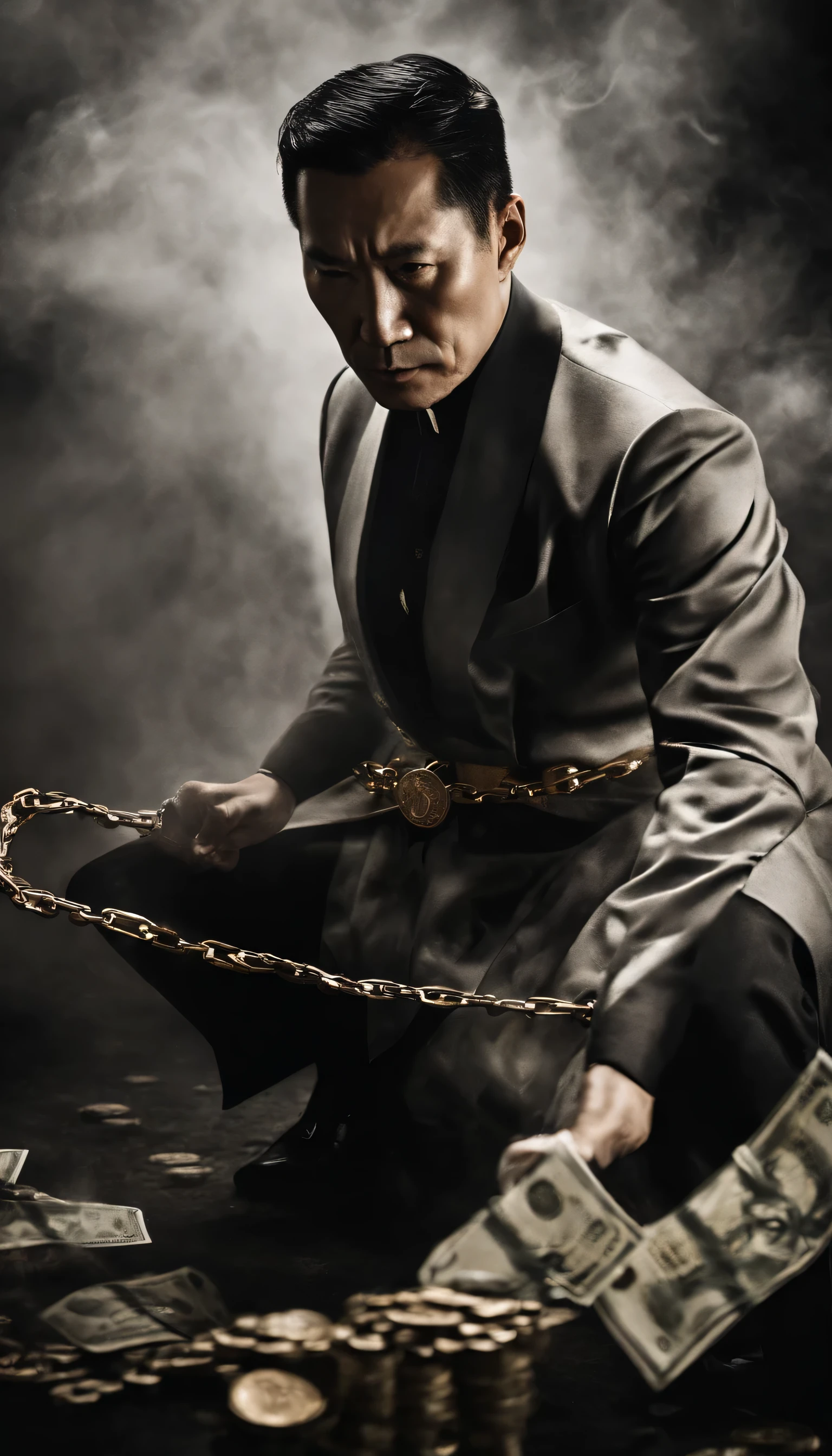 Chinese，Man fights with money, painting, rough brushstrokes, dramatic lighting, intense expression, firm eyes, clenched fist, Sweat flowed down his face, Wrinkled suit, broken chain, Damaged RMB banknotes, A shaky figure, Smoke rising in the background, black and white，with a hint of gold, realism. (best quality, high resolution, super detailed), (actual:1.37), professional, bright colors